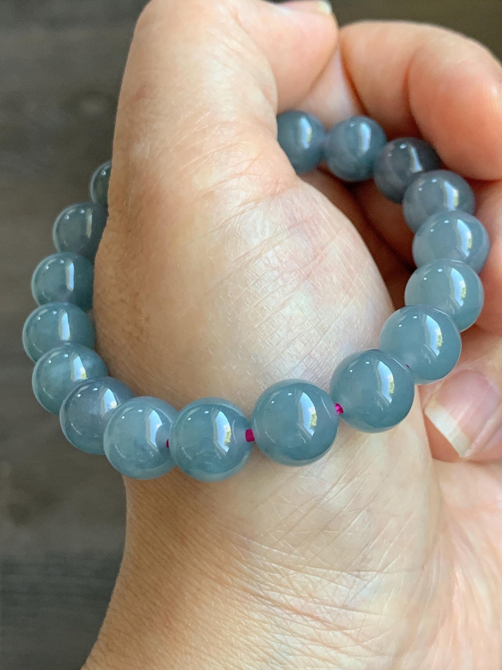 Natural Grade A Guatemalan Icy Translucent Gelatinous Gray Teal Blue Jade Jadeite Beaded Bracelet Stretchy 9.6mm 6.75" 30g 天然冰危灰蓝紫翡翠手串WHZ400