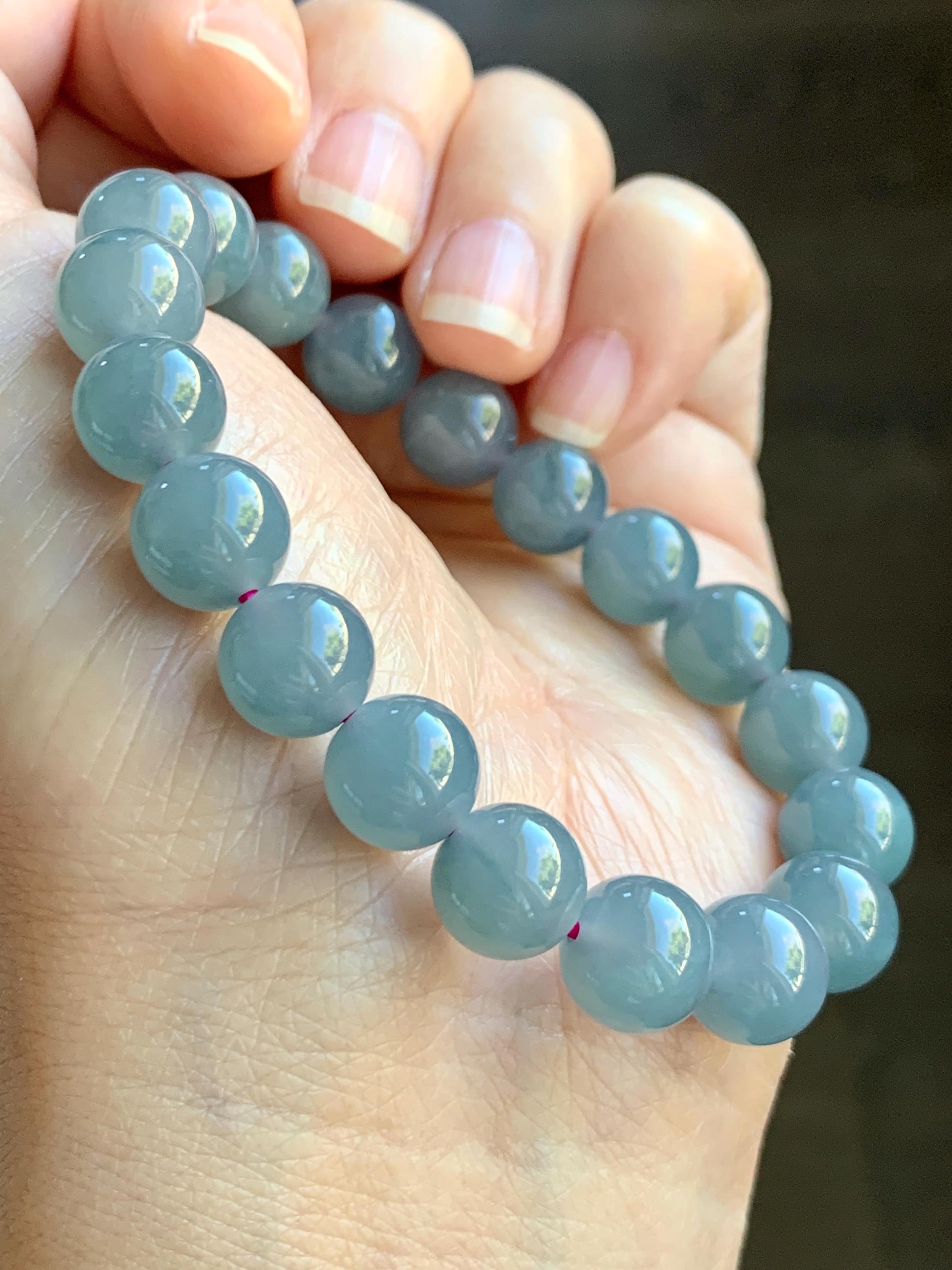 Natural Grade A Guatemalan Icy Translucent Gelatinous Gray Teal Blue Jade Jadeite Beaded Bracelet Stretchy 9.6mm 6.75" 30g 天然冰危灰蓝紫翡翠手串WHZ400