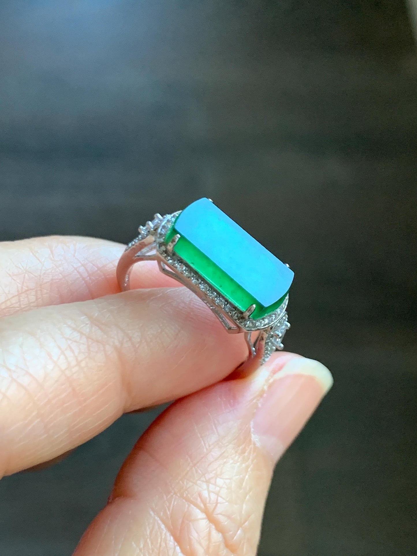 Natural Grade A Guatemalan Icy Highly Translucent Vibrant Green Jade Jadeite Saddle Ring Sterling Silver Adjustable 天然冰危绿翡翠马鞍银镶戒指 WLA248A
