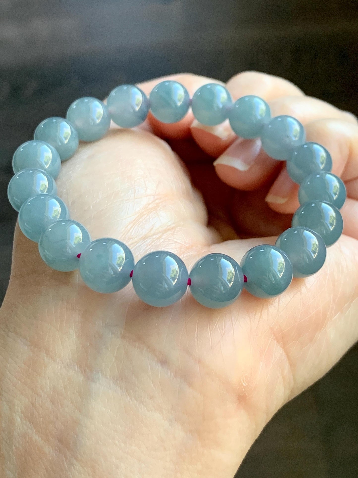 Natural Grade A Guatemalan Icy Translucent Gelatinous Gray Teal Blue Jade Jadeite Beaded Bracelet Stretchy 9.6mm 6.75" 30g 天然冰危灰蓝紫翡翠手串WHZ400