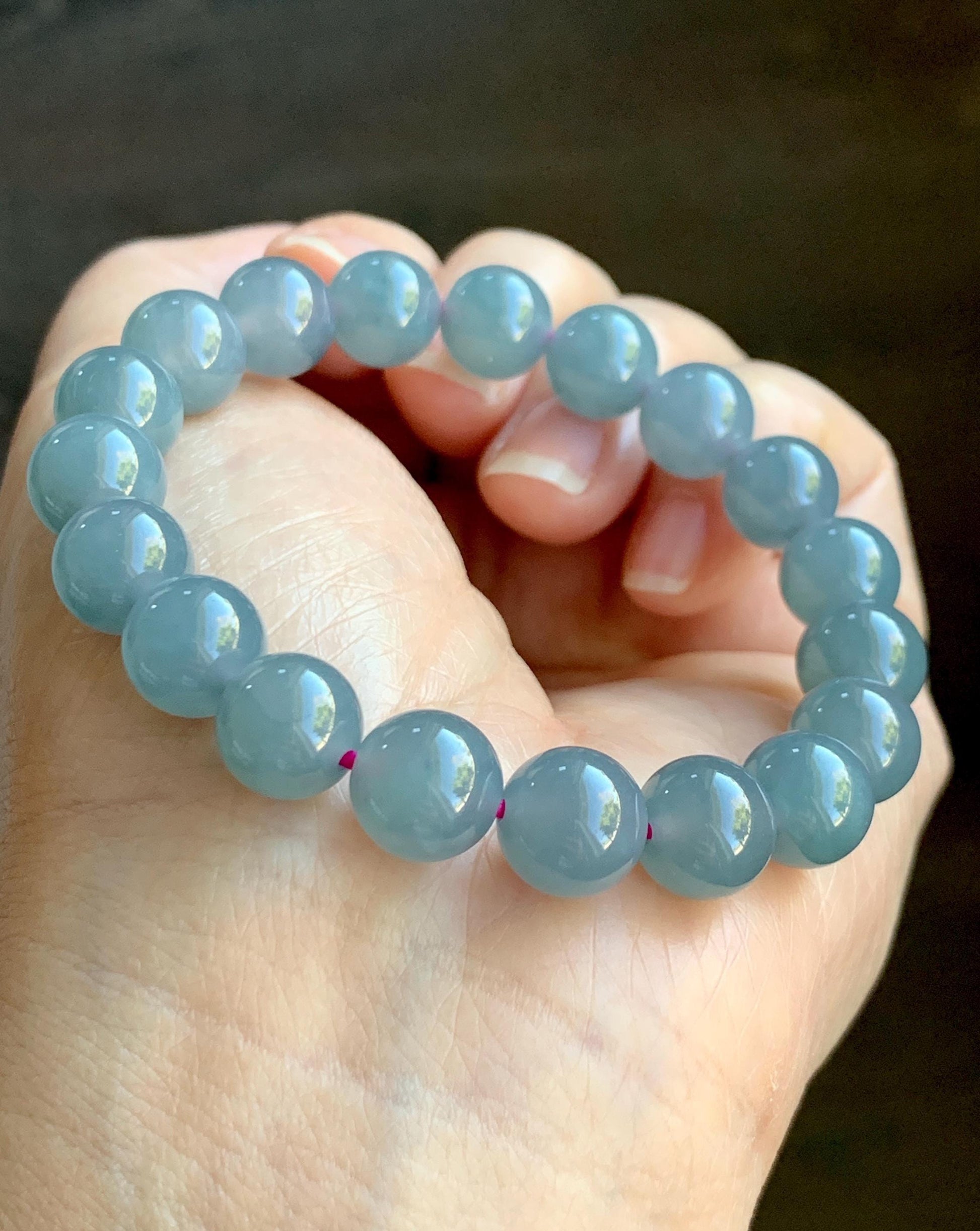 Natural Grade A Guatemalan Icy Translucent Gelatinous Gray Teal Blue Jade Jadeite Beaded Bracelet Stretchy 9.6mm 6.75" 30g 天然冰危灰蓝紫翡翠手串WHZ400