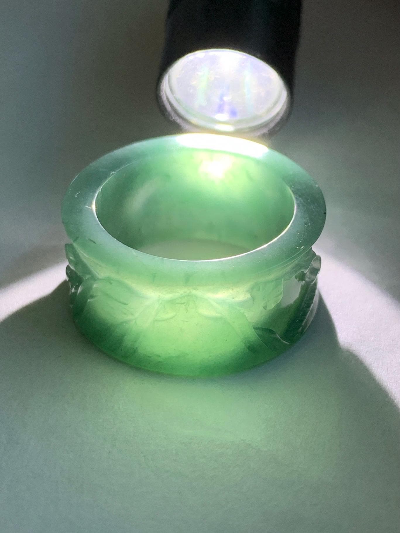 Natural Grade A Guatemalan Icy Translucent Dark Teal Blue Jade Jadeite Engraved Shan Shui Band Ring Size 9 US 天然冰危深蓝翡翠山水戒圈 KSH168B