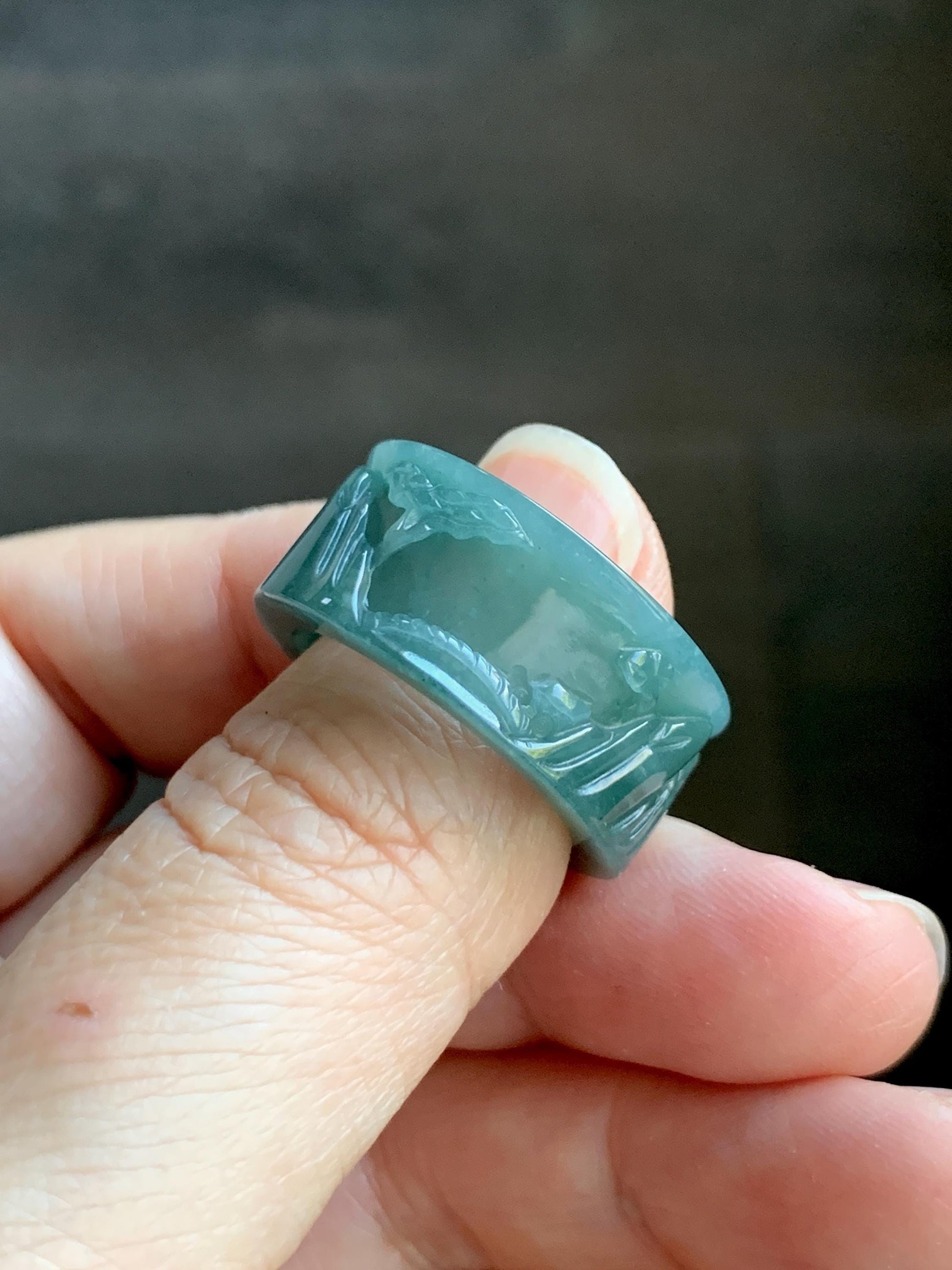 Natural Grade A Guatemalan Icy Translucent Dark Teal Blue Jade Jadeite Engraved Shan Shui Band Ring Size 9 US 天然冰危深蓝翡翠山水戒圈 KSH168B