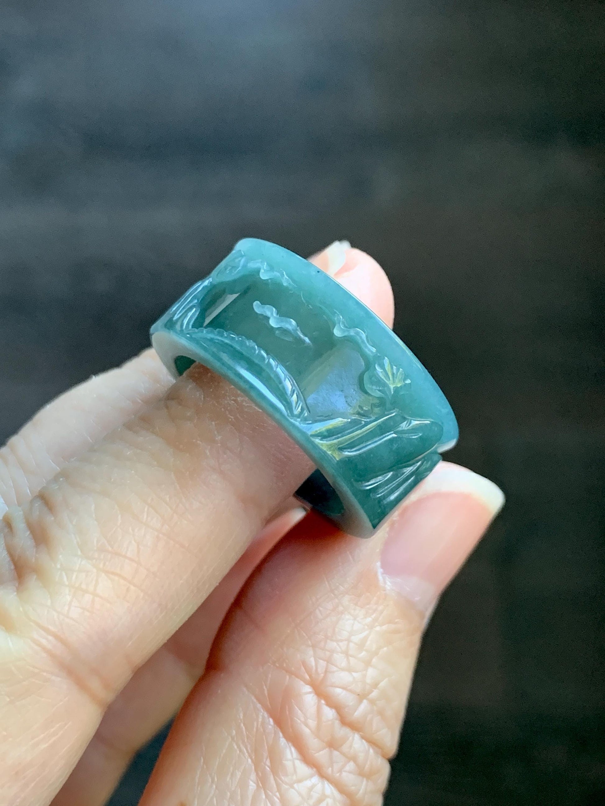 Natural Grade A Guatemalan Icy Translucent Dark Teal Blue Jade Jadeite Engraved Shan Shui Band Ring Size 9 US 天然冰危深蓝翡翠山水戒圈 KSH168B