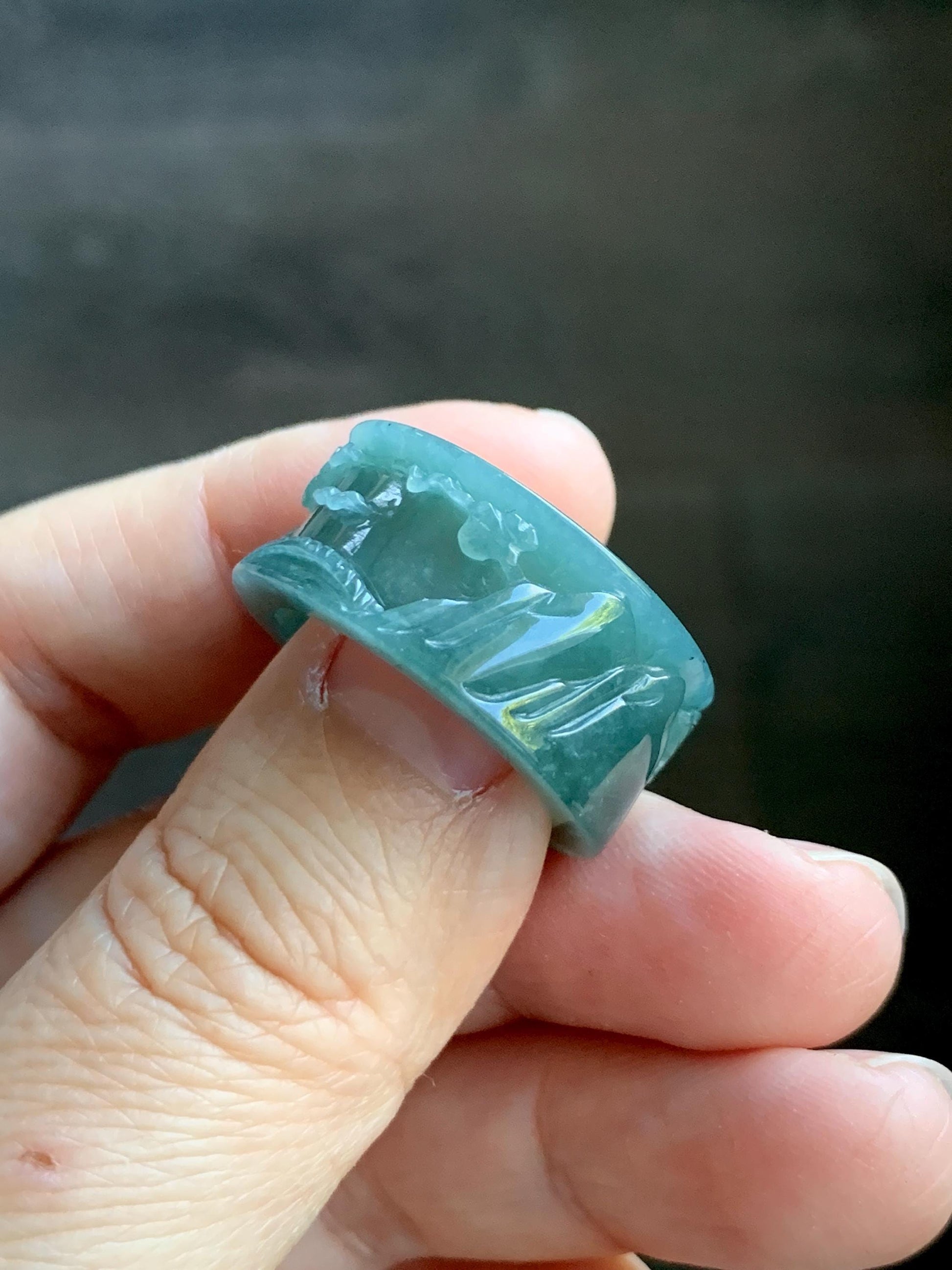 Natural Grade A Guatemalan Icy Translucent Dark Teal Blue Jade Jadeite Engraved Shan Shui Band Ring Size 9 US 天然冰危深蓝翡翠山水戒圈 KSH168B