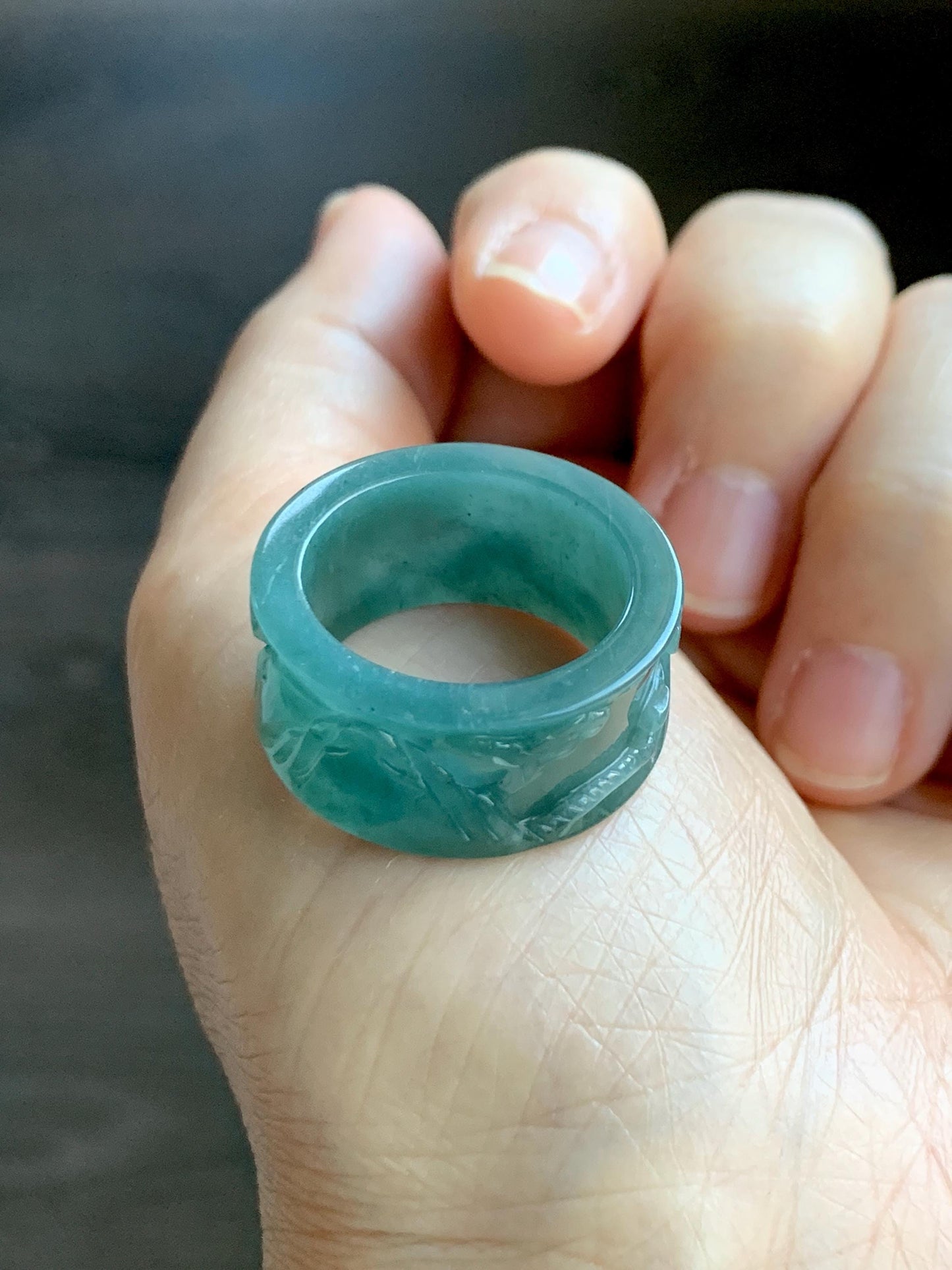 Natural Grade A Guatemalan Icy Translucent Dark Teal Blue Jade Jadeite Engraved Shan Shui Band Ring Size 9 US 天然冰危深蓝翡翠山水戒圈 KSH168B
