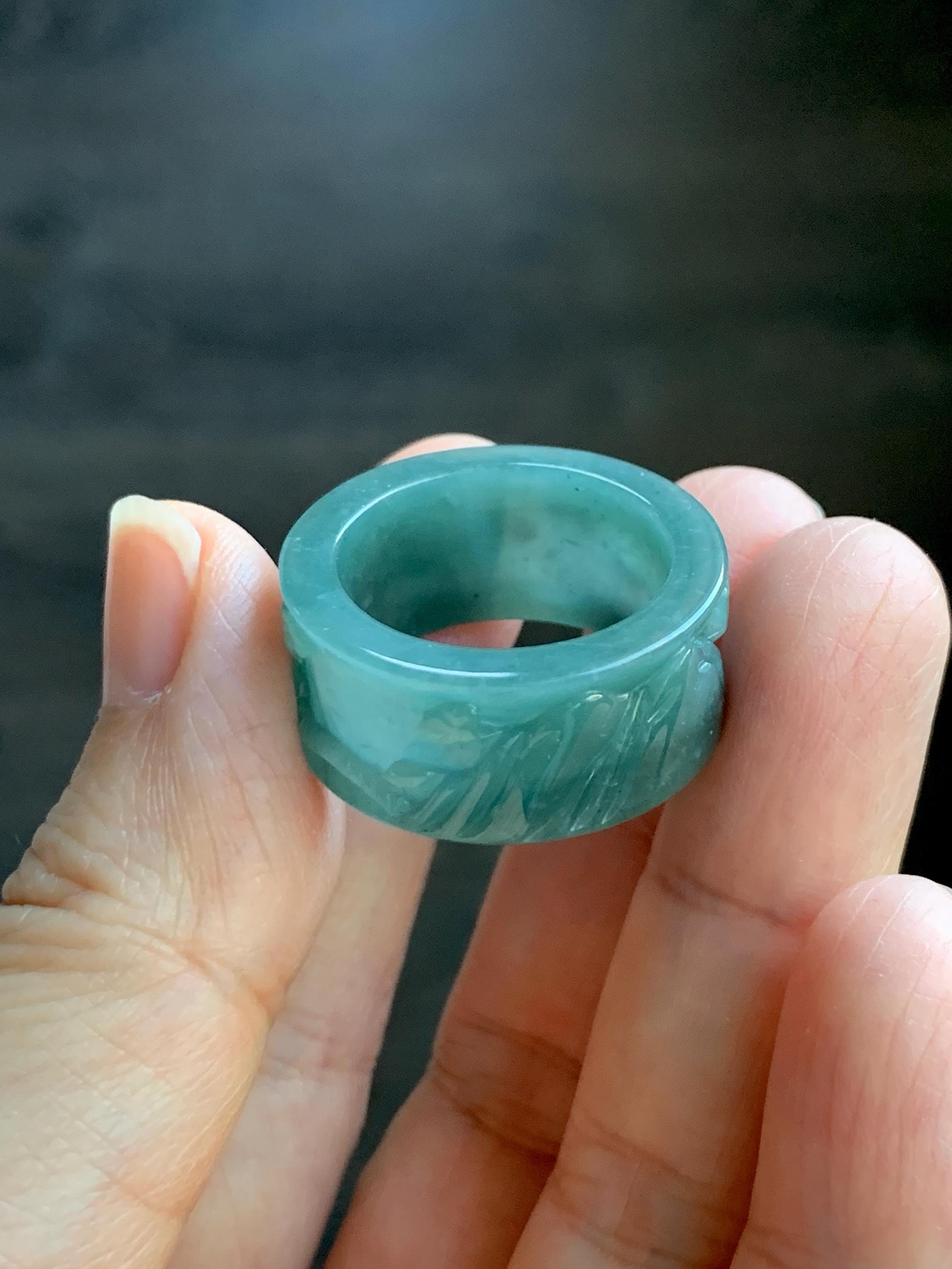 Natural Grade A Guatemalan Icy Translucent Dark Teal Blue Jade Jadeite Engraved Shan Shui Band Ring Size 9 US 天然冰危深蓝翡翠山水戒圈 KSH168B