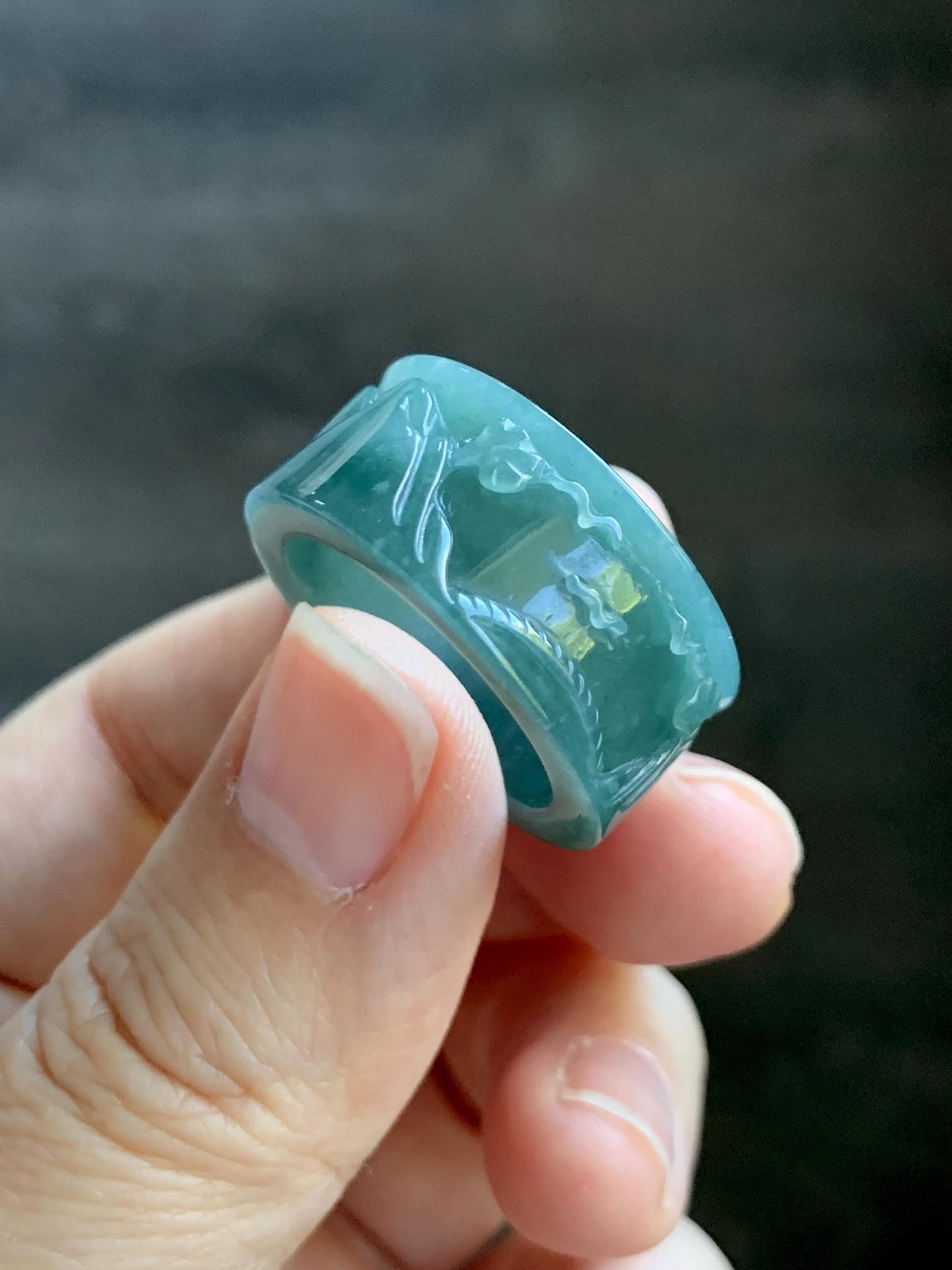 Natural Grade A Guatemalan Icy Translucent Dark Teal Blue Jade Jadeite Engraved Shan Shui Band Ring Size 9 US 天然冰危深蓝翡翠山水戒圈 KSH168B