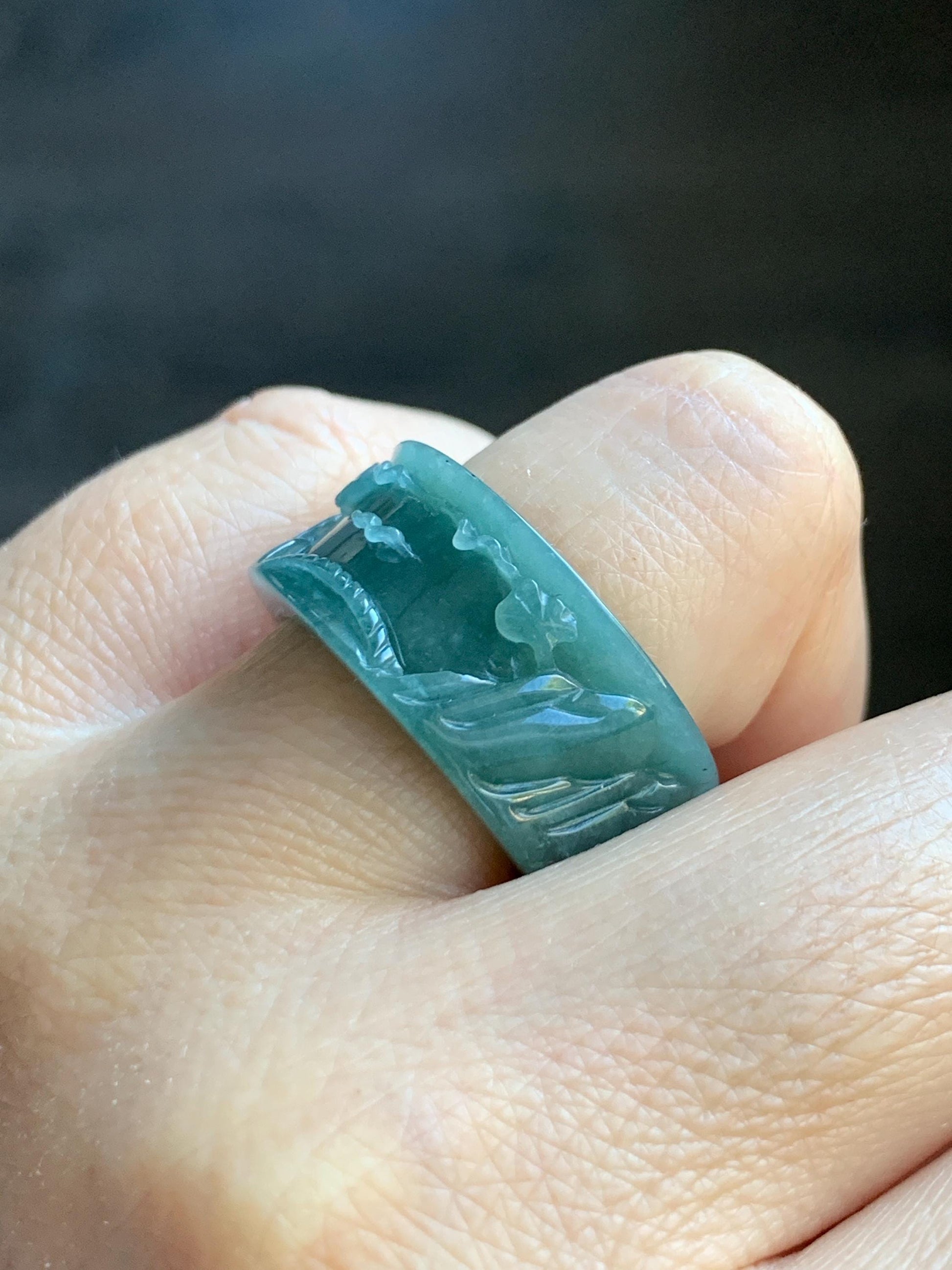 Natural Grade A Guatemalan Icy Translucent Dark Teal Blue Jade Jadeite Engraved Shan Shui Band Ring Size 9 US 天然冰危深蓝翡翠山水戒圈 KSH168B