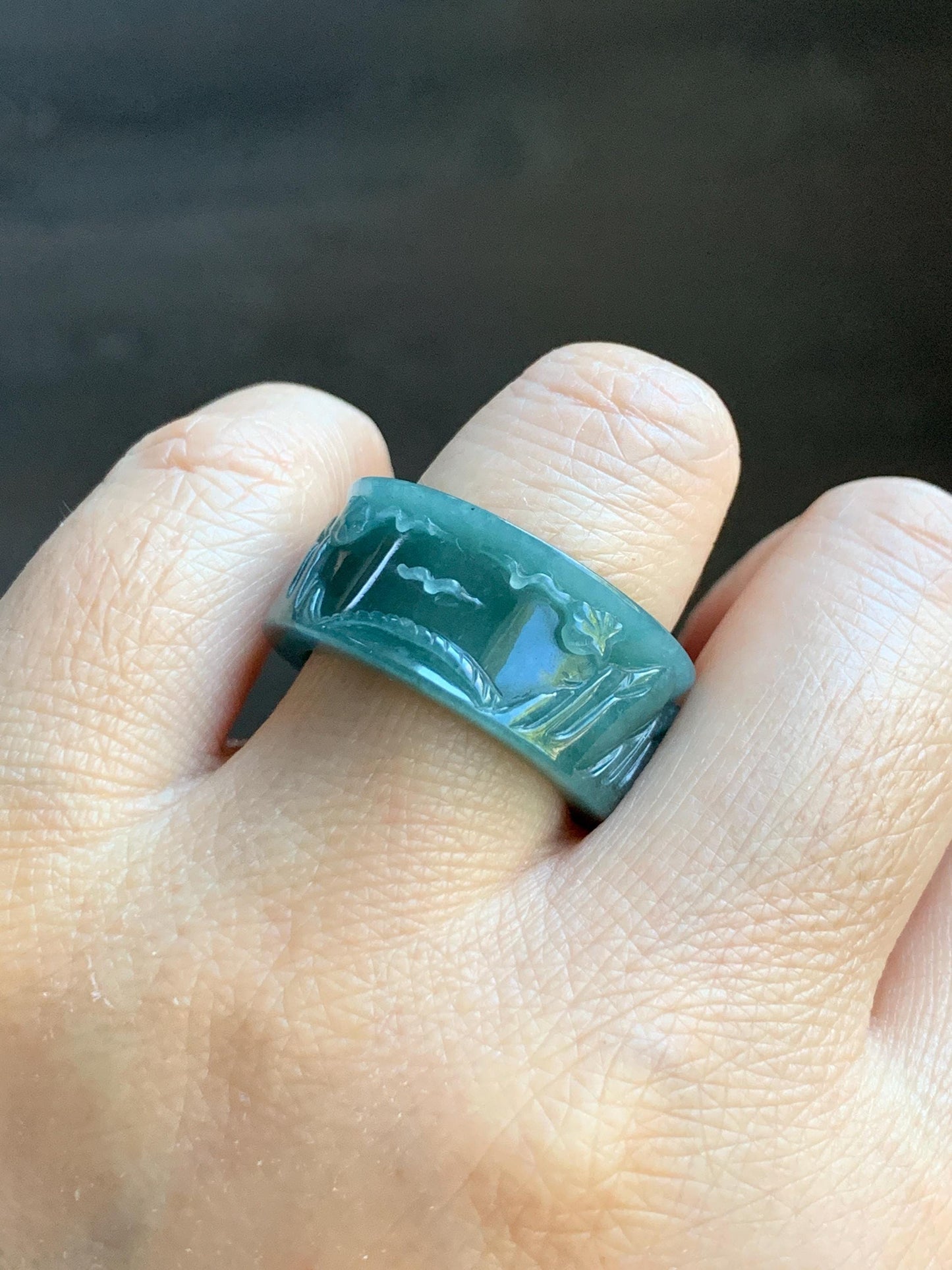 Natural Grade A Guatemalan Icy Translucent Dark Teal Blue Jade Jadeite Engraved Shan Shui Band Ring Size 9 US 天然冰危深蓝翡翠山水戒圈 KSH168B