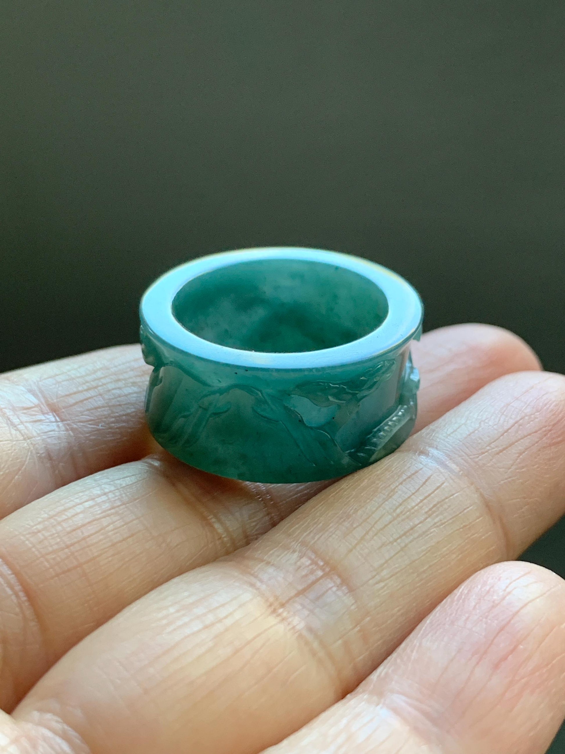 Natural Grade A Guatemalan Icy Translucent Dark Teal Blue Jade Jadeite Engraved Shan Shui Band Ring Size 9 US 天然冰危深蓝翡翠山水戒圈 KSH168B