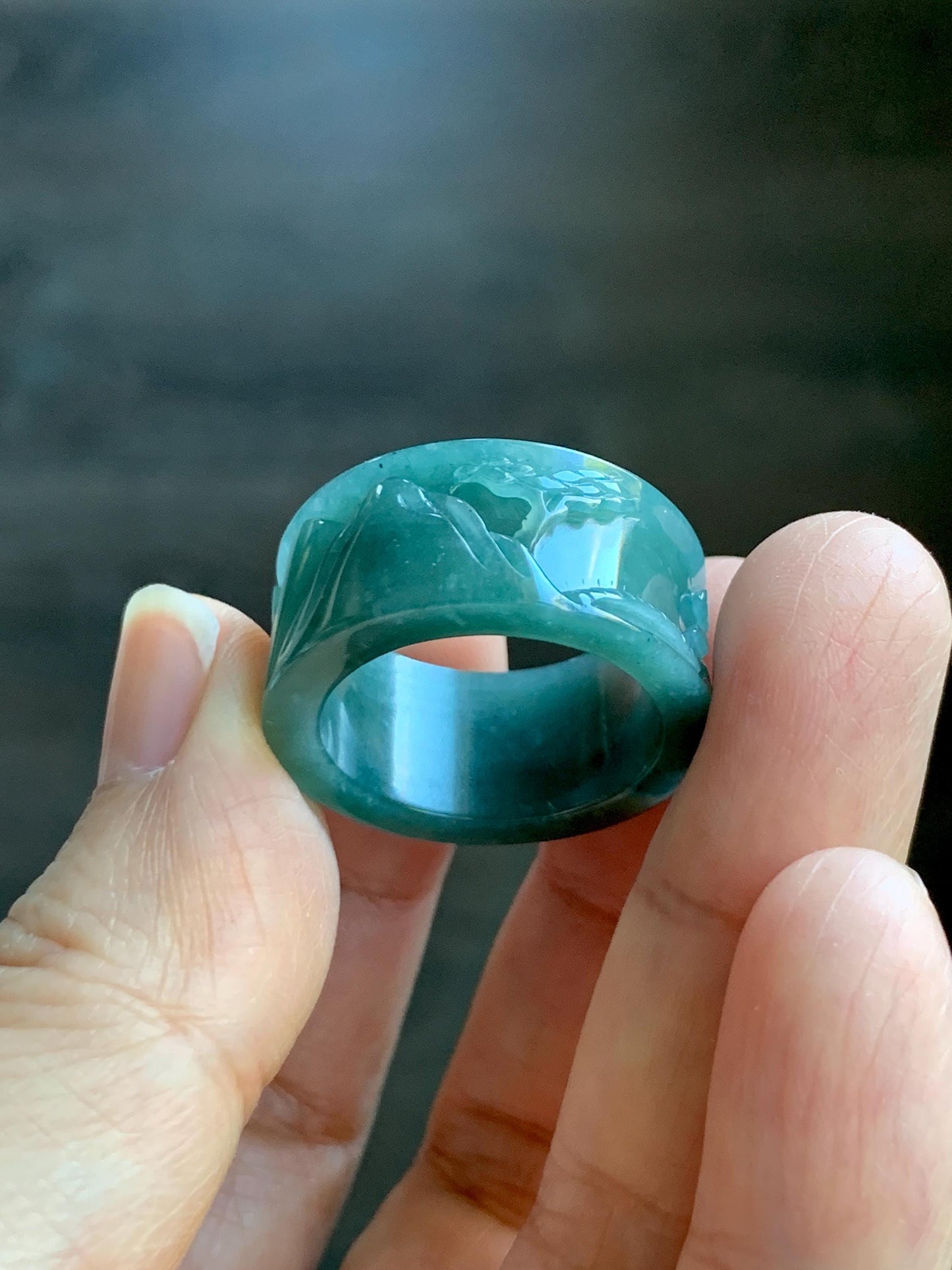 Natural Grade A Guatemalan Icy Translucent Dark Teal Blue Jade Jadeite Engraved Shan Shui Band Ring Size 9 US 天然冰危深蓝翡翠山水戒圈 KSH168B