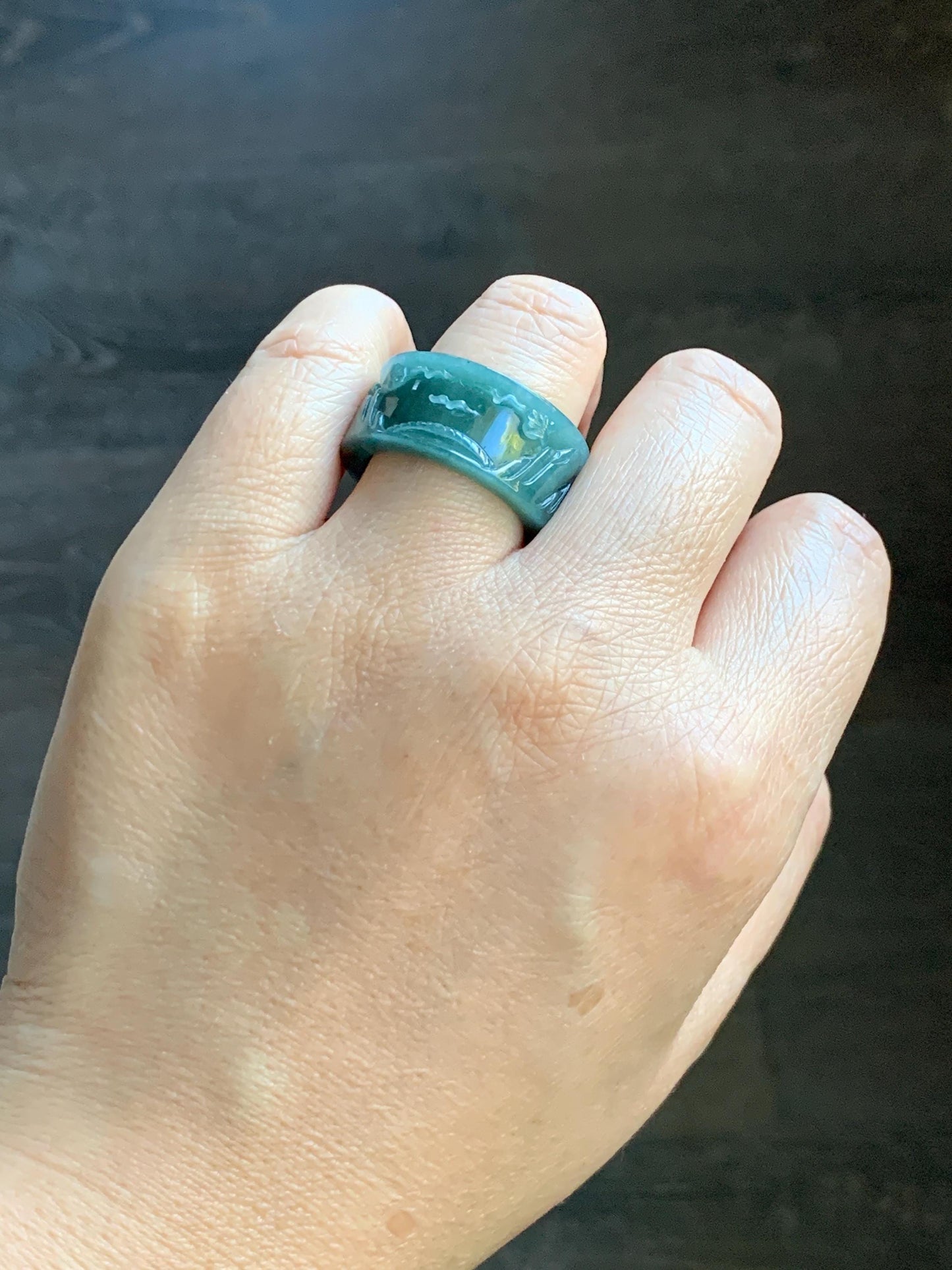 Natural Grade A Guatemalan Icy Translucent Dark Teal Blue Jade Jadeite Engraved Shan Shui Band Ring Size 9 US 天然冰危深蓝翡翠山水戒圈 KSH168B