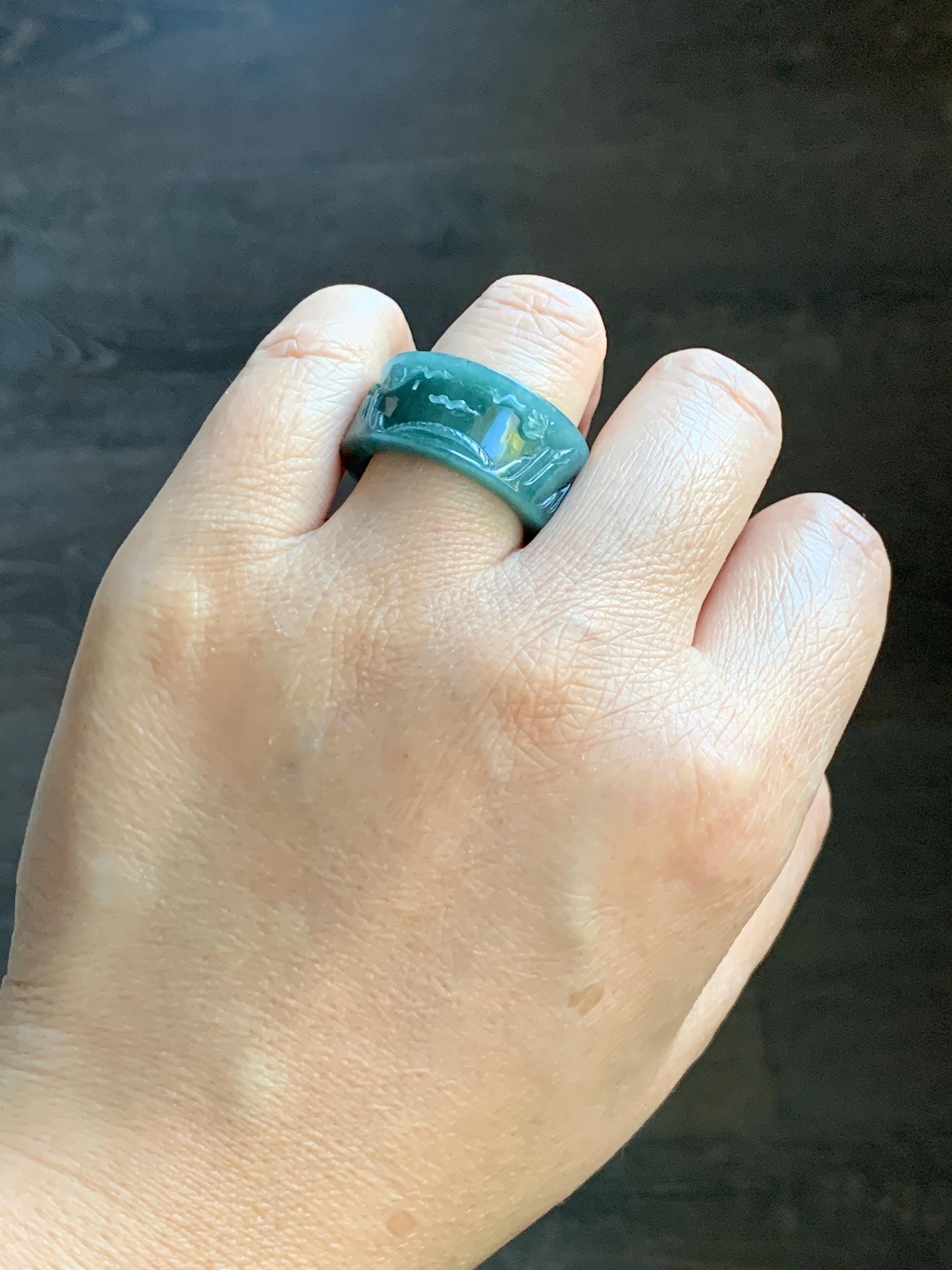 Natural Grade A Guatemalan Icy Translucent Dark Teal Blue Jade Jadeite Engraved Shan Shui Band Ring Size 9 US 天然冰危深蓝翡翠山水戒圈 KSH168B