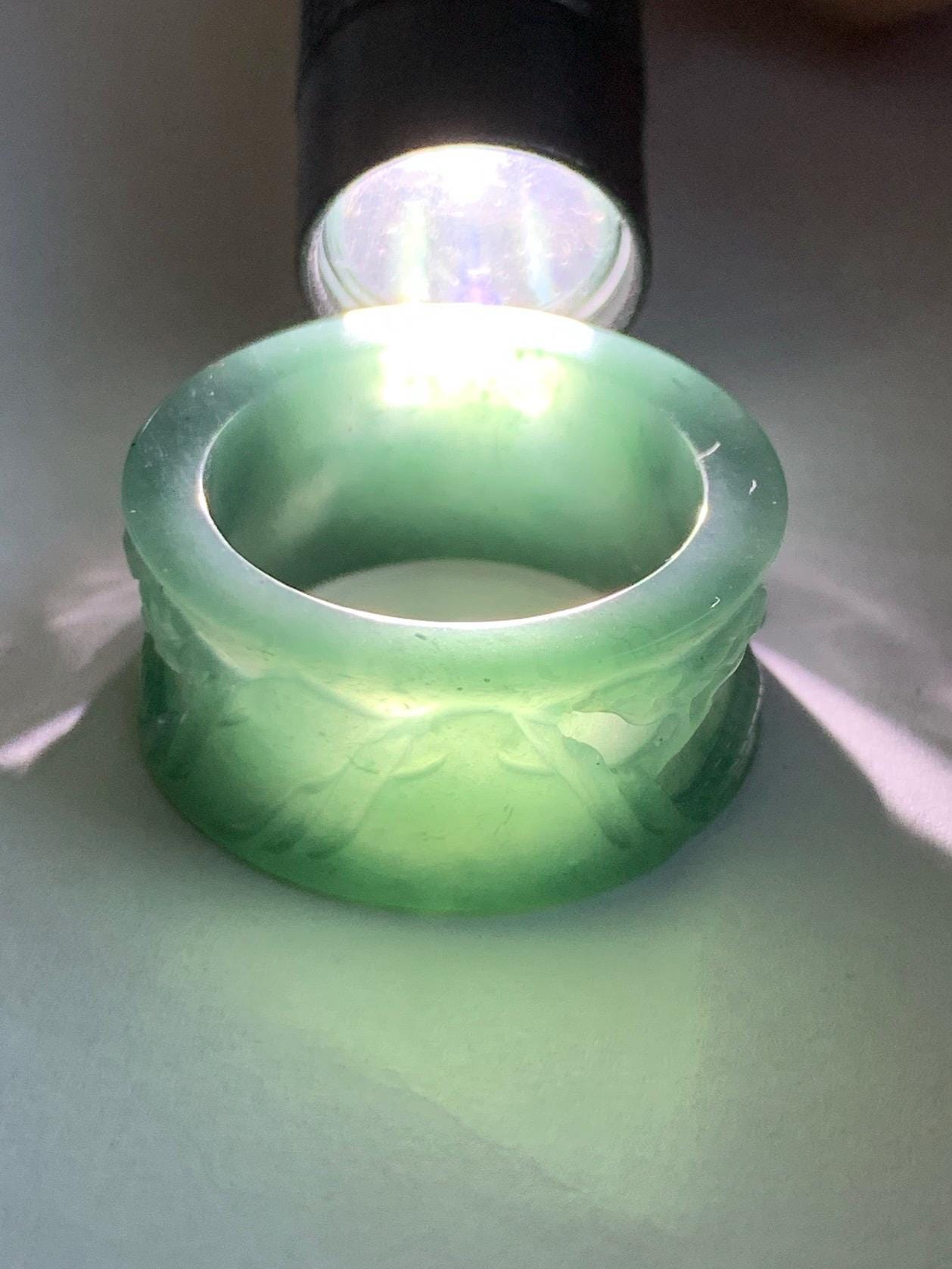 Natural Grade A Guatemalan Icy Translucent Dark Teal Blue Jade Jadeite Engraved Shan Shui Band Ring Size 9 US 天然冰危深蓝翡翠山水戒圈 KSH168B