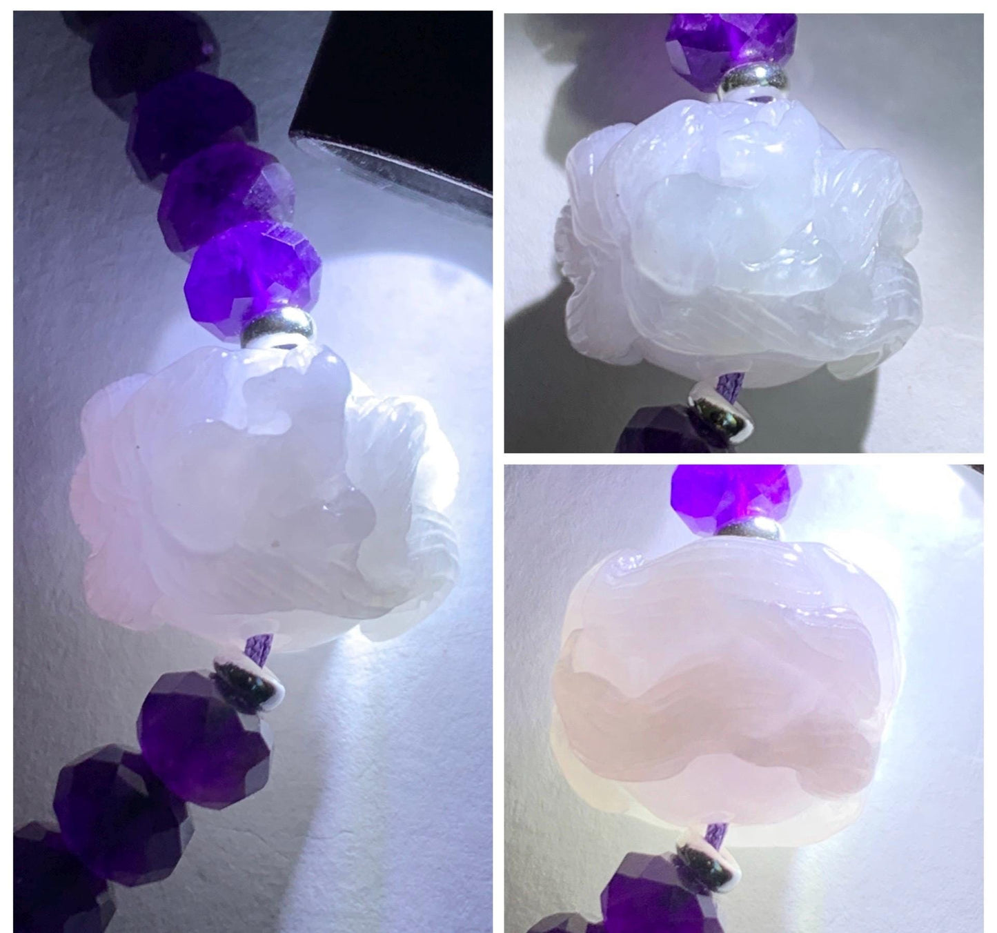 Natural Grade A Icy Pastel Purple Jade Jadeite Nine-Tailed Fox Amethyst Rondelle Faceted Beads Beaded Bracelet 7" 天然冰淡紫底翡翠九尾狐紫水晶珠手串 MJW210