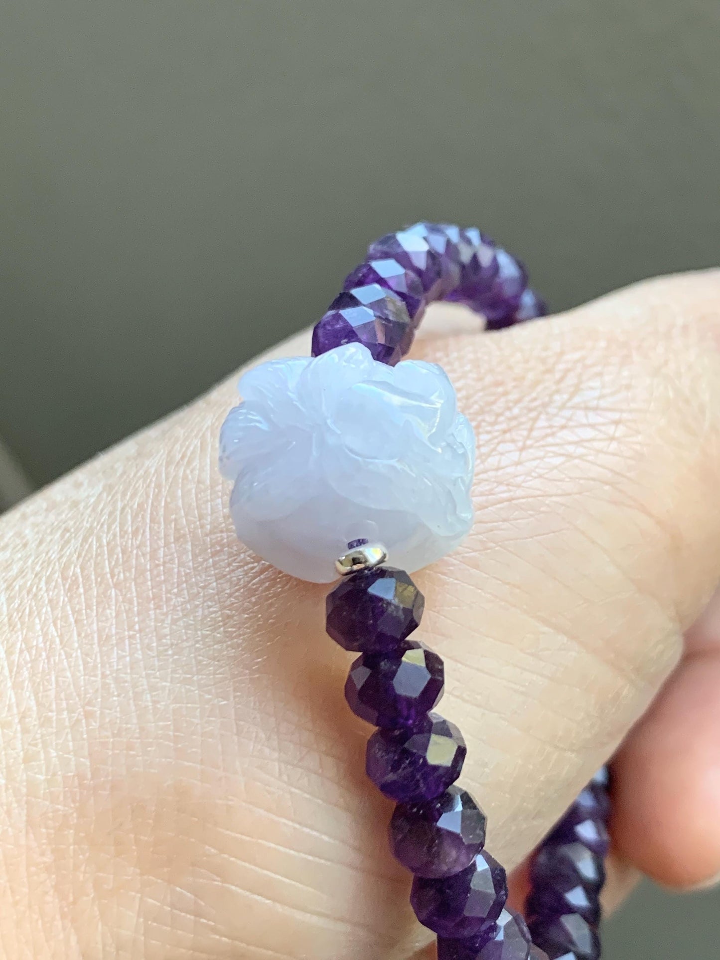 Natural Grade A Icy Pastel Purple Jade Jadeite Nine-Tailed Fox Amethyst Rondelle Faceted Beads Beaded Bracelet 7" 天然冰淡紫底翡翠九尾狐紫水晶珠手串 MJW210