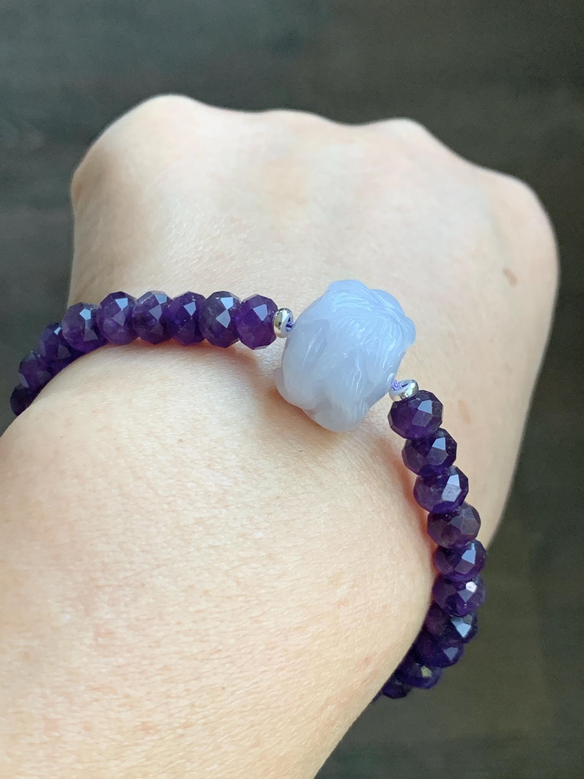Natural Grade A Icy Pastel Purple Jade Jadeite Nine-Tailed Fox Amethyst Rondelle Faceted Beads Beaded Bracelet 7" 天然冰淡紫底翡翠九尾狐紫水晶珠手串 MJW210