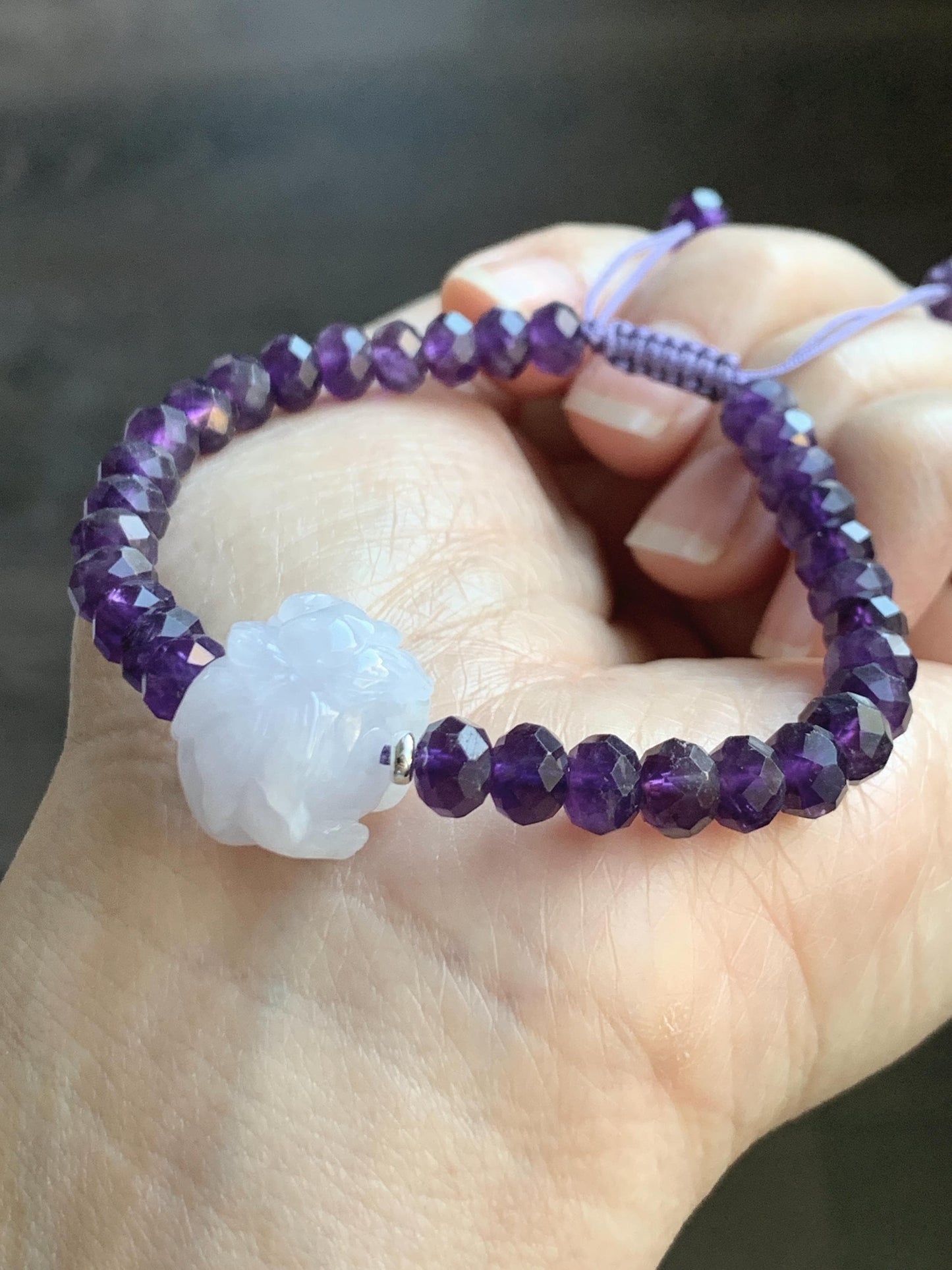 Natural Grade A Icy Pastel Purple Jade Jadeite Nine-Tailed Fox Amethyst Rondelle Faceted Beads Beaded Bracelet 7" 天然冰淡紫底翡翠九尾狐紫水晶珠手串 MJW210