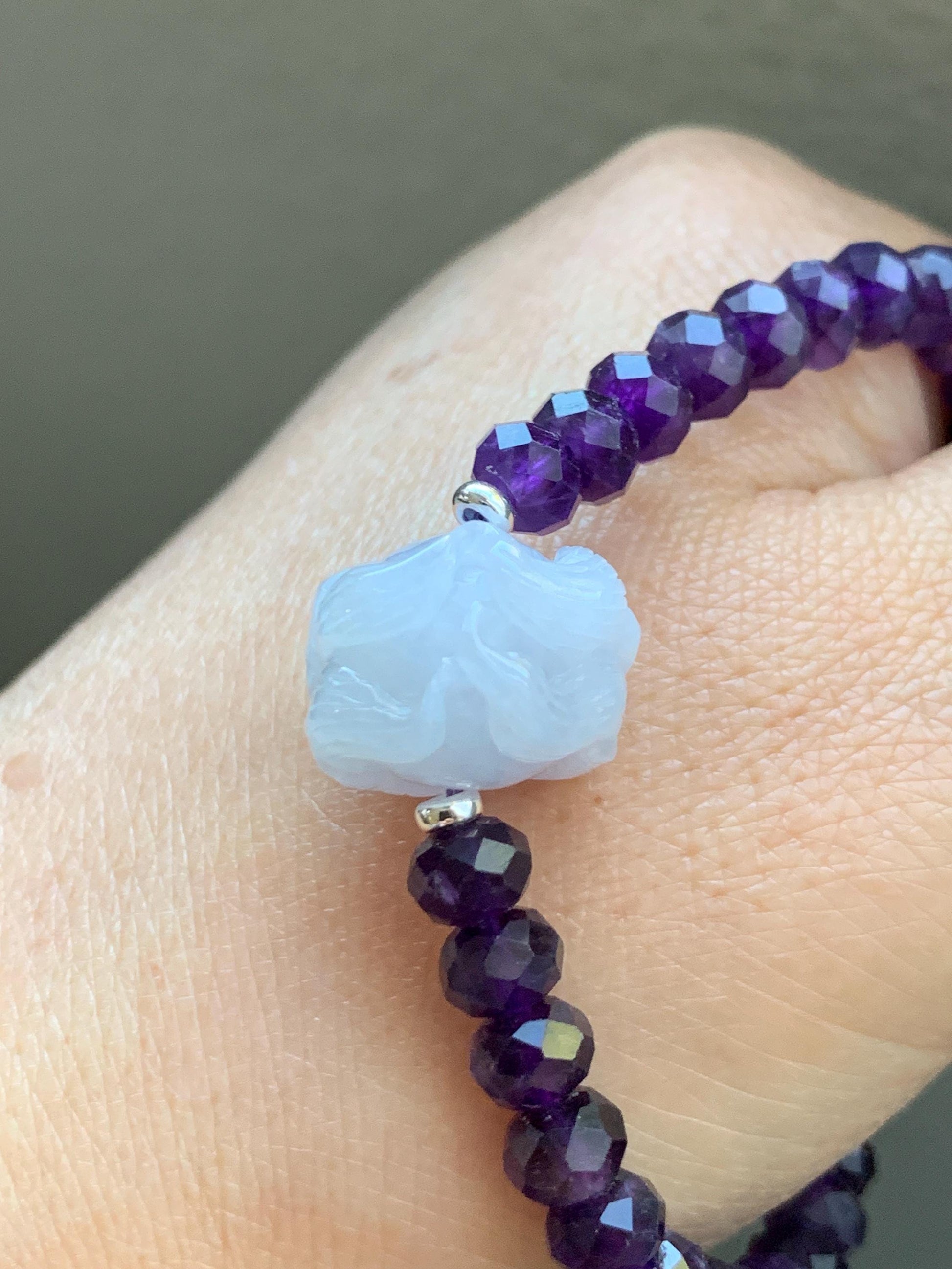 Natural Grade A Icy Pastel Purple Jade Jadeite Nine-Tailed Fox Amethyst Rondelle Faceted Beads Beaded Bracelet 7" 天然冰淡紫底翡翠九尾狐紫水晶珠手串 MJW210
