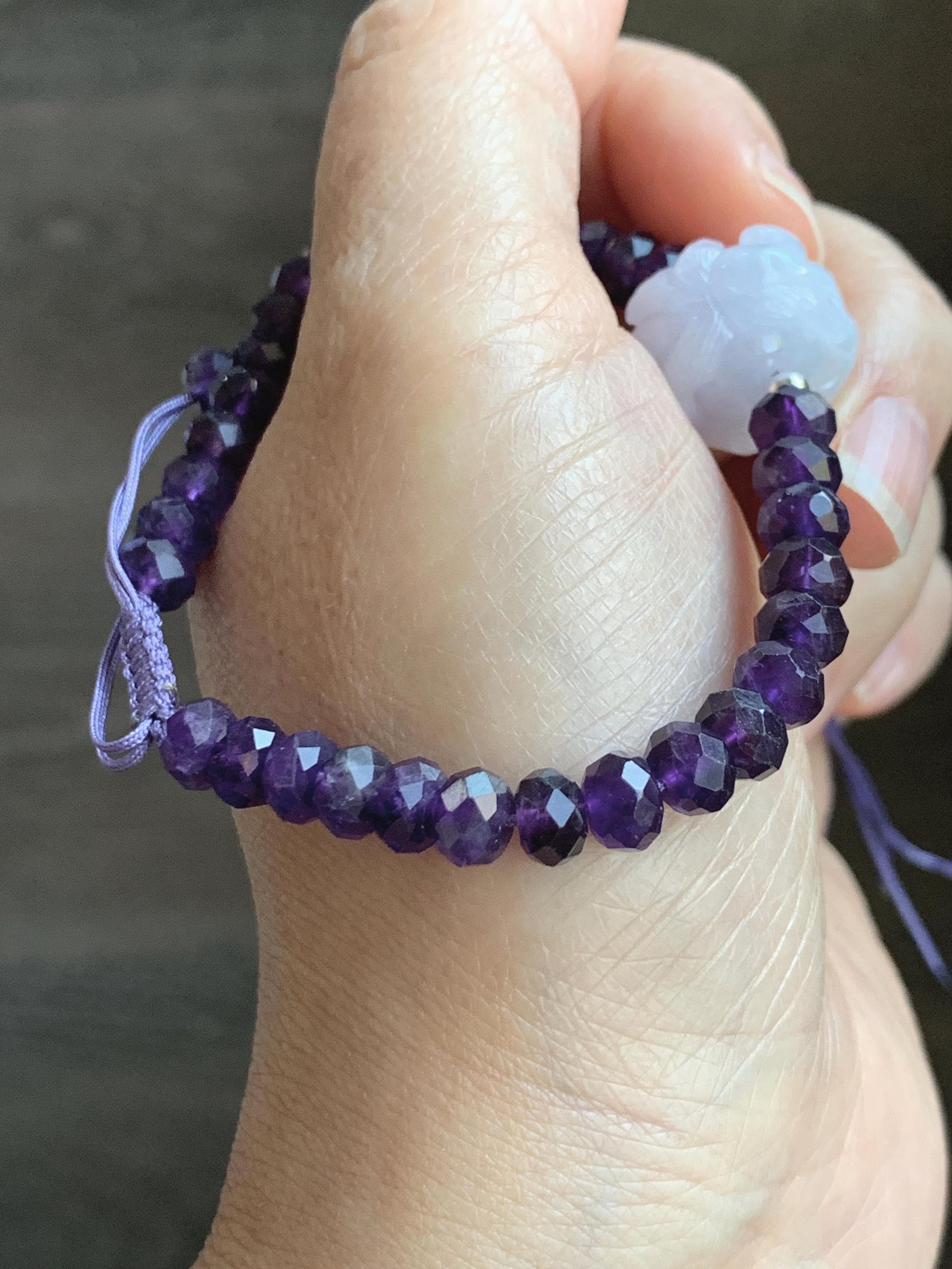 Natural Grade A Icy Pastel Purple Jade Jadeite Nine-Tailed Fox Amethyst Rondelle Faceted Beads Beaded Bracelet 7" 天然冰淡紫底翡翠九尾狐紫水晶珠手串 MJW210