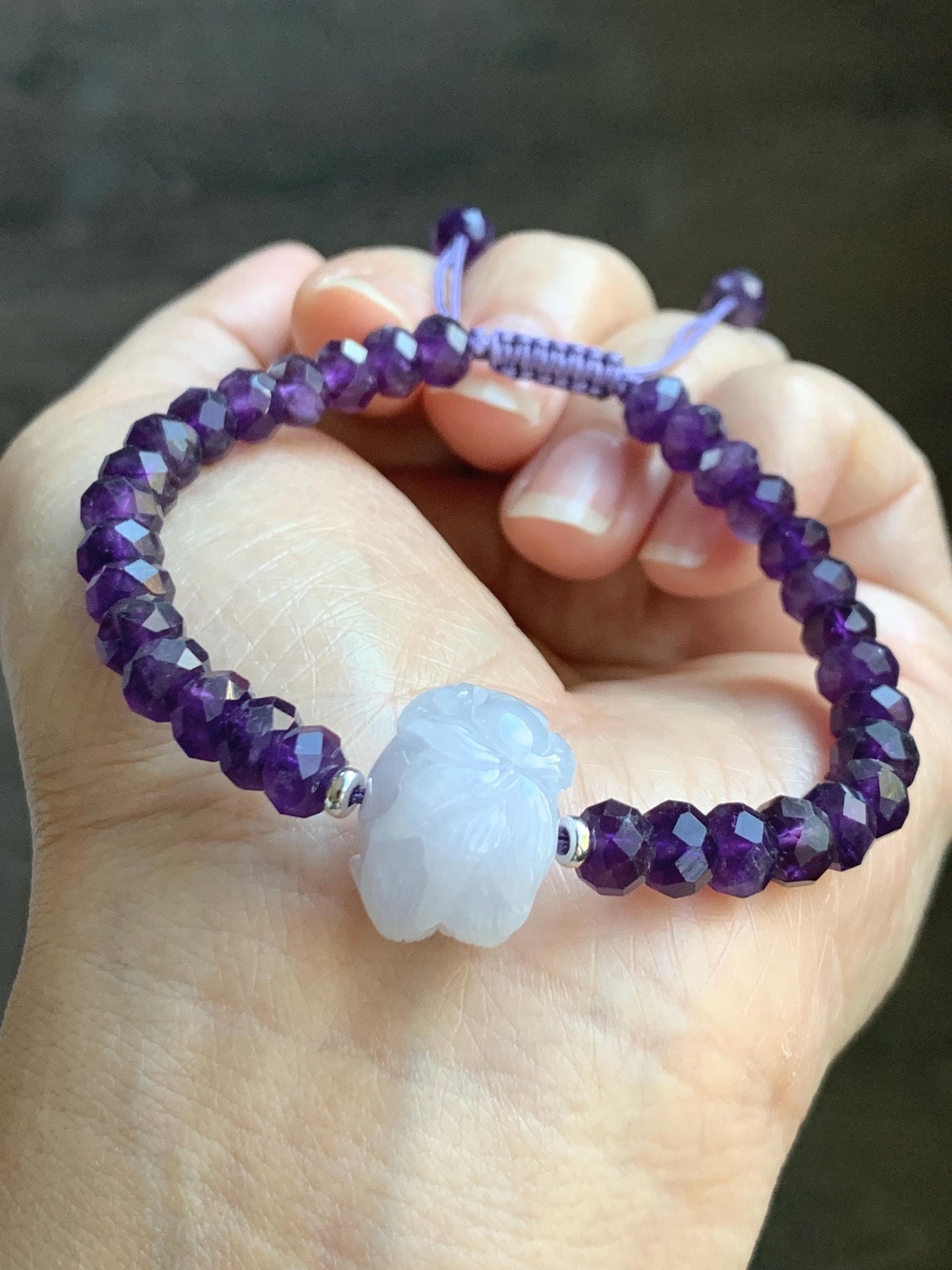 Natural Grade A Icy Pastel Purple Jade Jadeite Nine-Tailed Fox Amethyst Rondelle Faceted Beads Beaded Bracelet 7" 天然冰淡紫底翡翠九尾狐紫水晶珠手串 MJW210