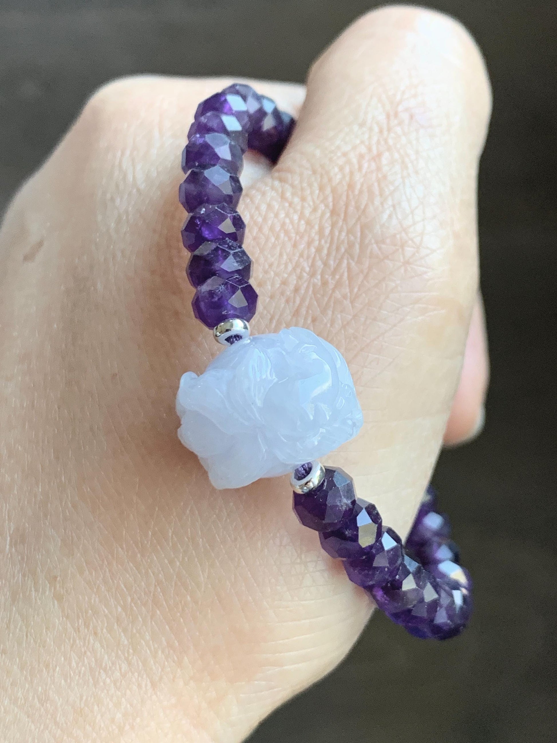 Natural Grade A Icy Pastel Purple Jade Jadeite Nine-Tailed Fox Amethyst Rondelle Faceted Beads Beaded Bracelet 7" 天然冰淡紫底翡翠九尾狐紫水晶珠手串 MJW210