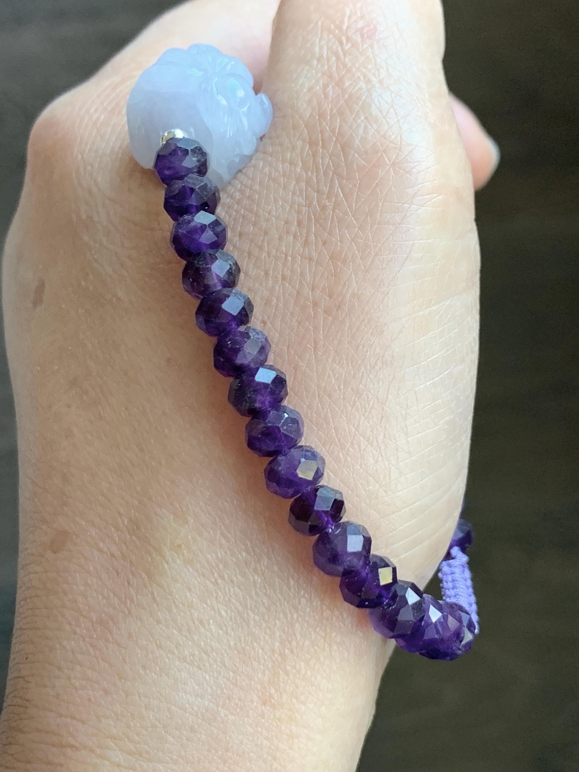 Natural Grade A Icy Pastel Purple Jade Jadeite Nine-Tailed Fox Amethyst Rondelle Faceted Beads Beaded Bracelet 7" 天然冰淡紫底翡翠九尾狐紫水晶珠手串 MJW210
