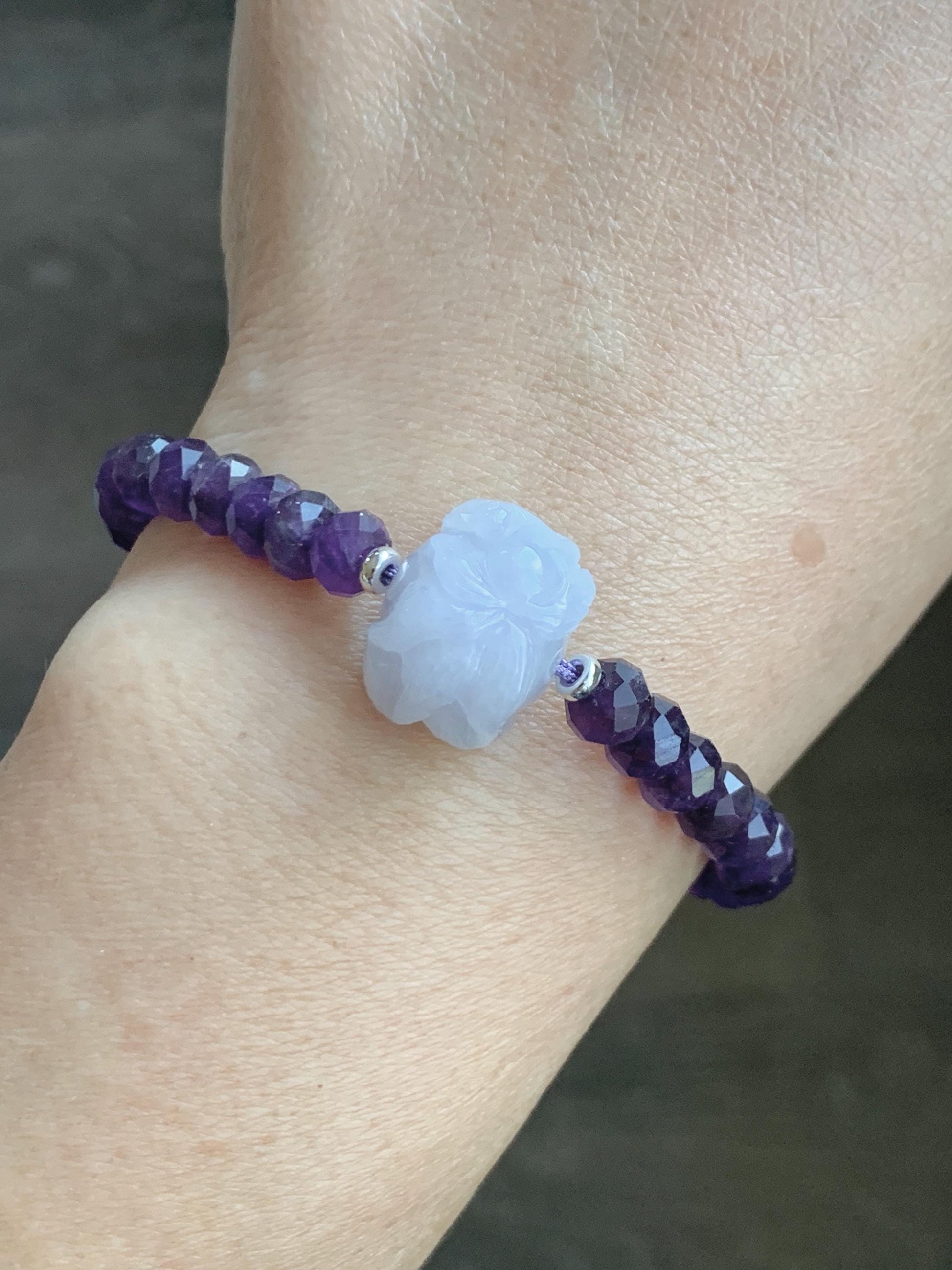 Natural Grade A Icy Pastel Purple Jade Jadeite Nine-Tailed Fox Amethyst Rondelle Faceted Beads Beaded Bracelet 7" 天然冰淡紫底翡翠九尾狐紫水晶珠手串 MJW210
