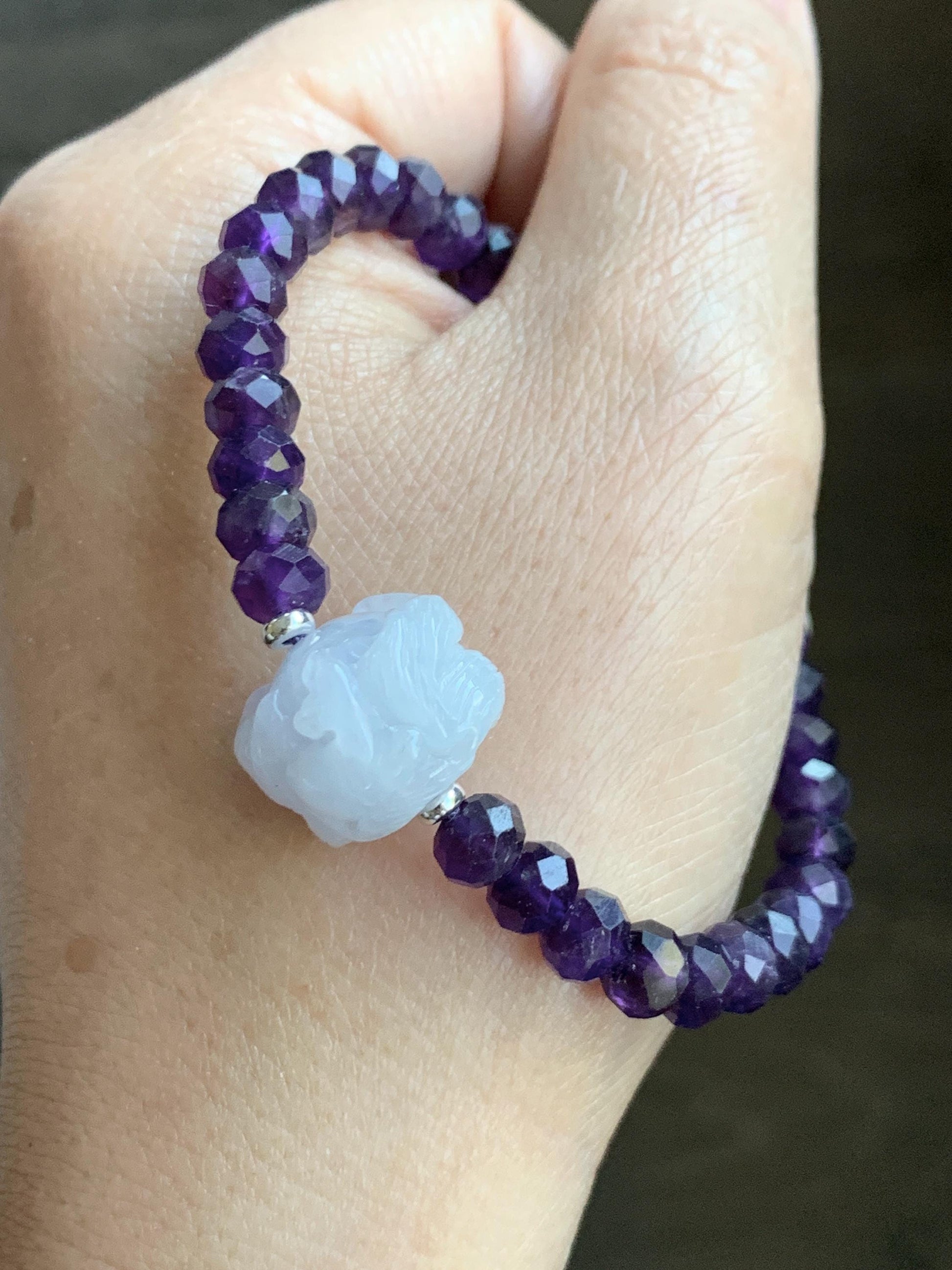 Natural Grade A Icy Pastel Purple Jade Jadeite Nine-Tailed Fox Amethyst Rondelle Faceted Beads Beaded Bracelet 7" 天然冰淡紫底翡翠九尾狐紫水晶珠手串 MJW210