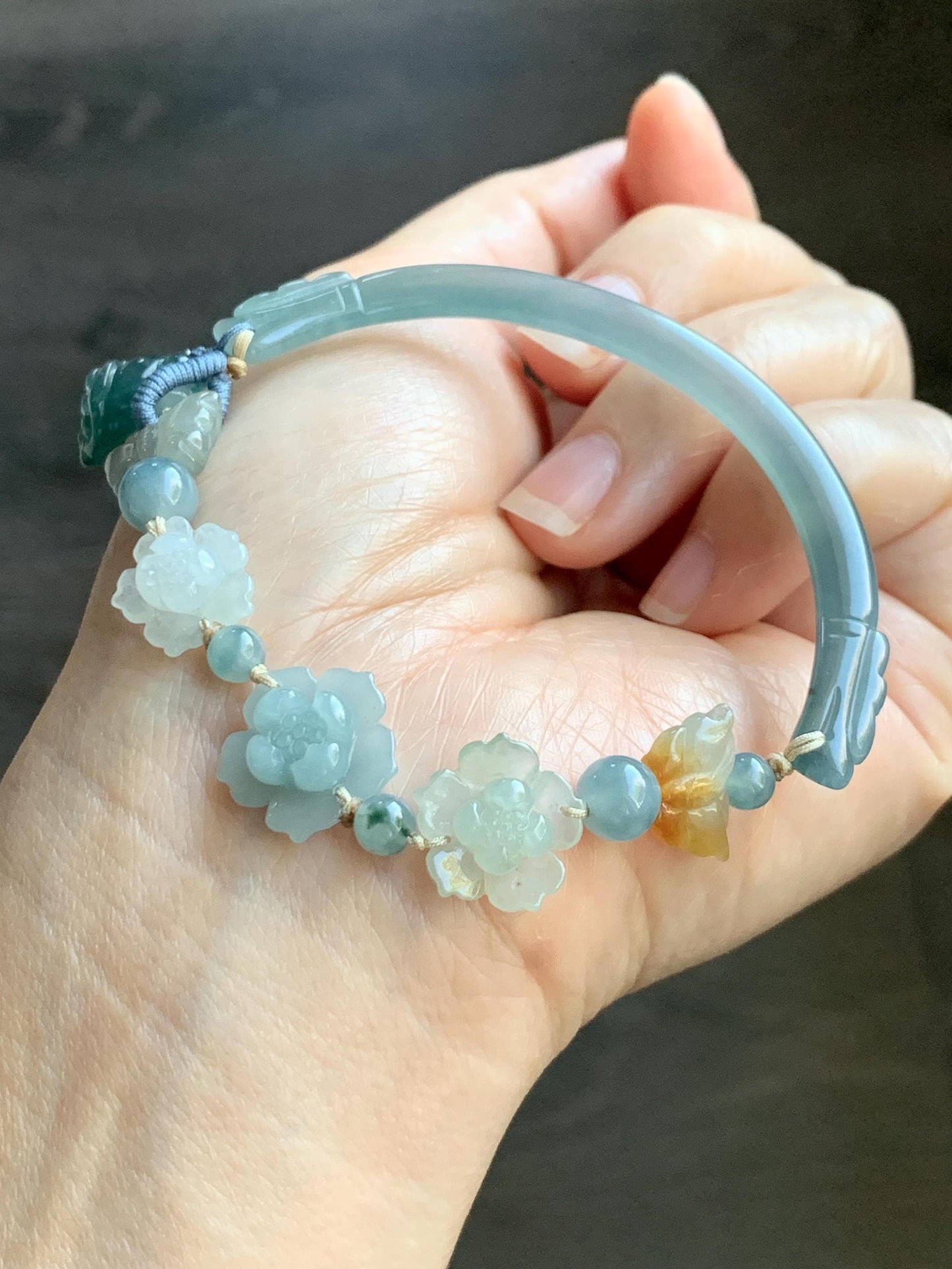 Natural Grade A Guatemalan Icy Teal Blue Jade Jadeite Cuff & Multicolored Lotus Flowers Beaded Rope Bracelet 7.5” 天然冰危翡翠半镯繁花似锦手串 WBZ313