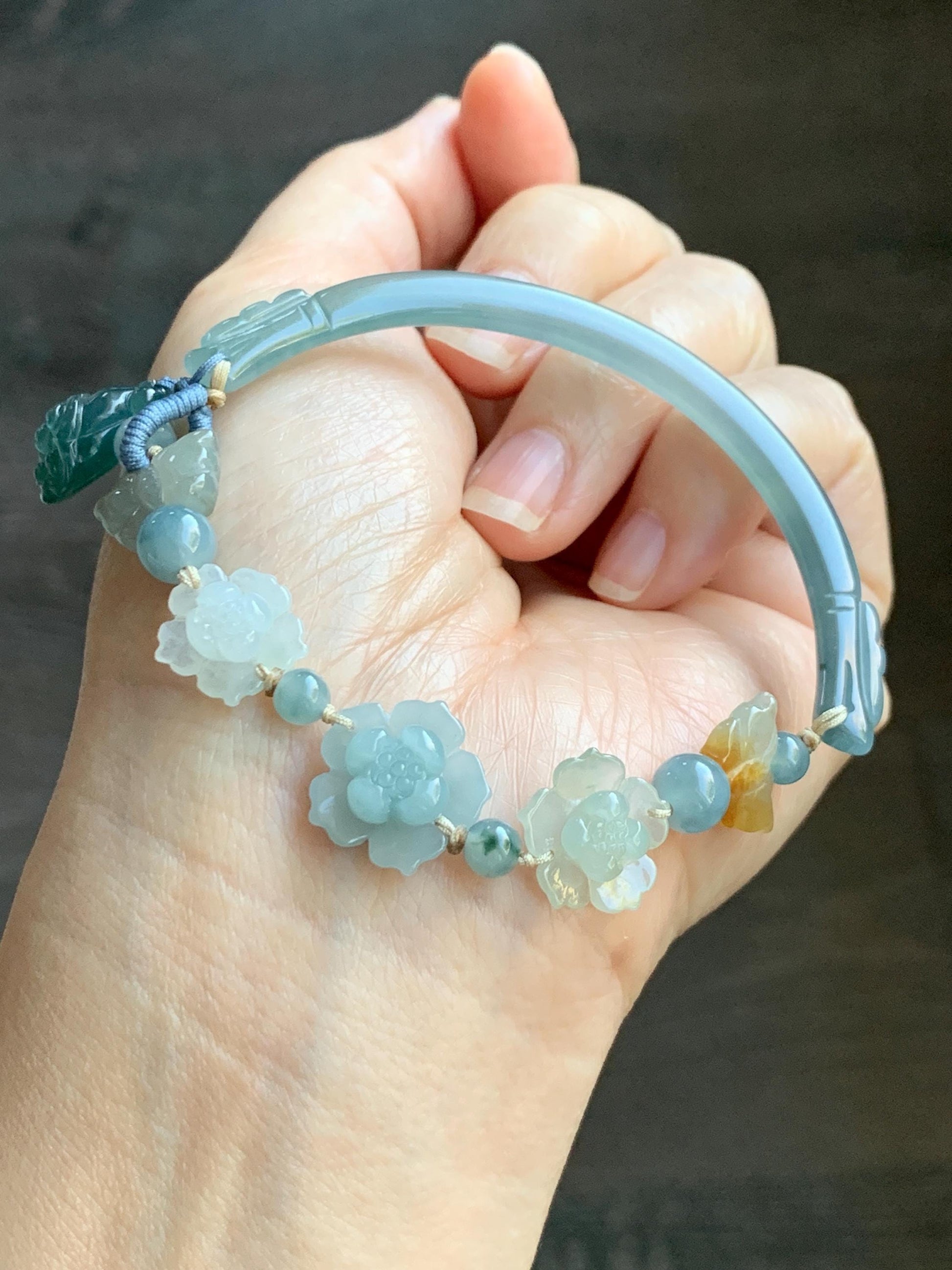 Natural Grade A Guatemalan Icy Teal Blue Jade Jadeite Cuff & Multicolored Lotus Flowers Beaded Rope Bracelet 7.5” 天然冰危翡翠半镯繁花似锦手串 WBZ313