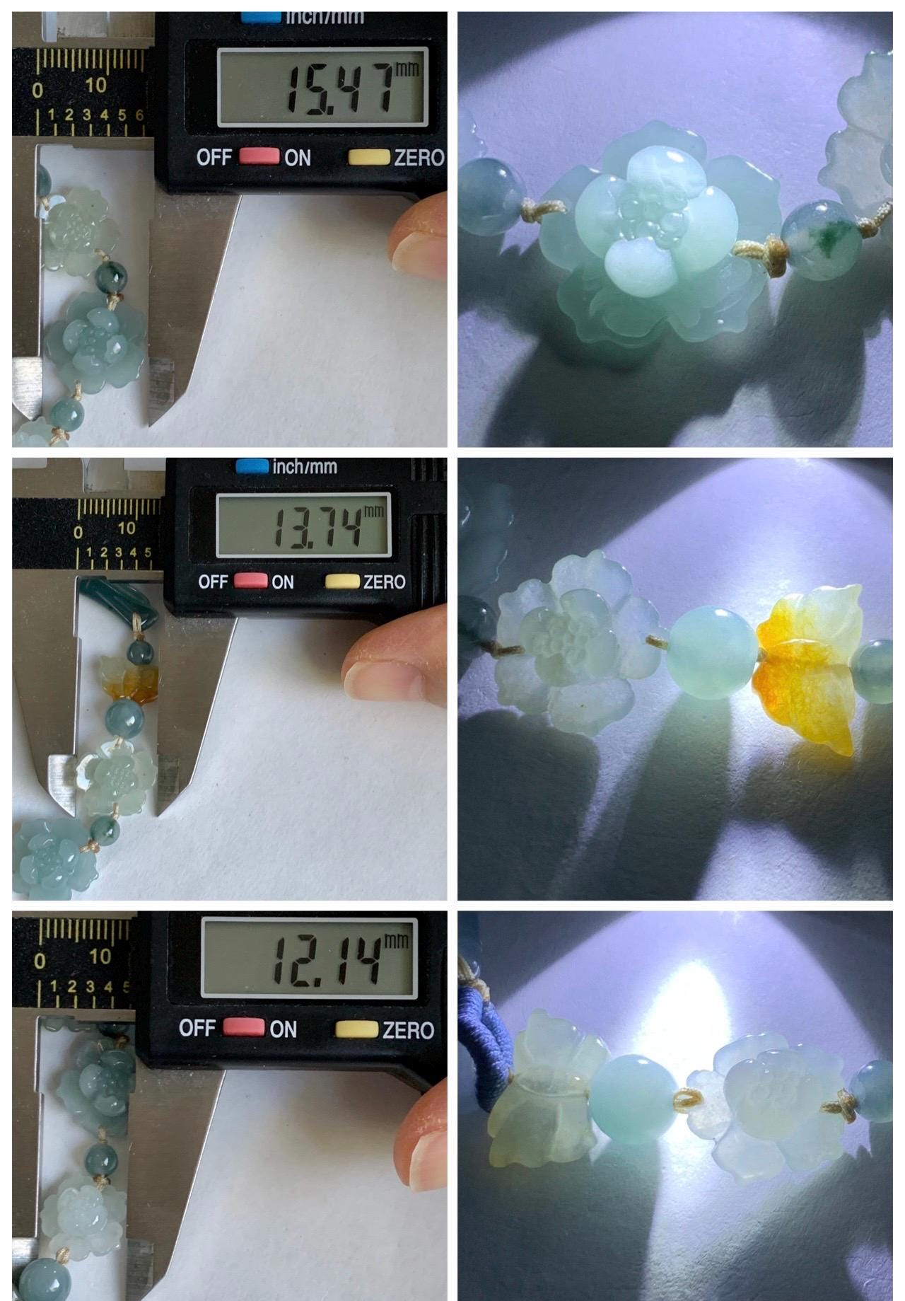 Natural Grade A Guatemalan Icy Teal Blue Jade Jadeite Cuff & Multicolored Lotus Flowers Beaded Rope Bracelet 7.5” 天然冰危翡翠半镯繁花似锦手串 WBZ313