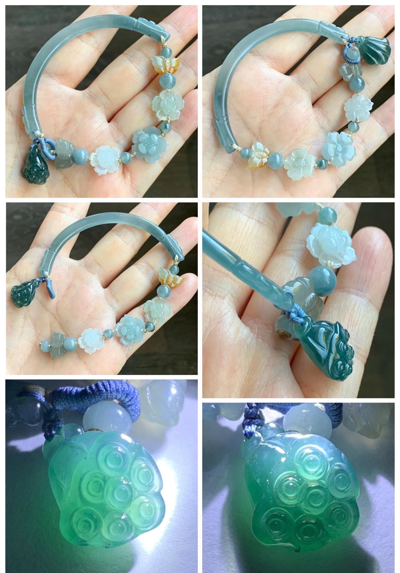 Natural Grade A Guatemalan Icy Teal Blue Jade Jadeite Cuff & Multicolored Lotus Flowers Beaded Rope Bracelet 7.5” 天然冰危翡翠半镯繁花似锦手串 WBZ313