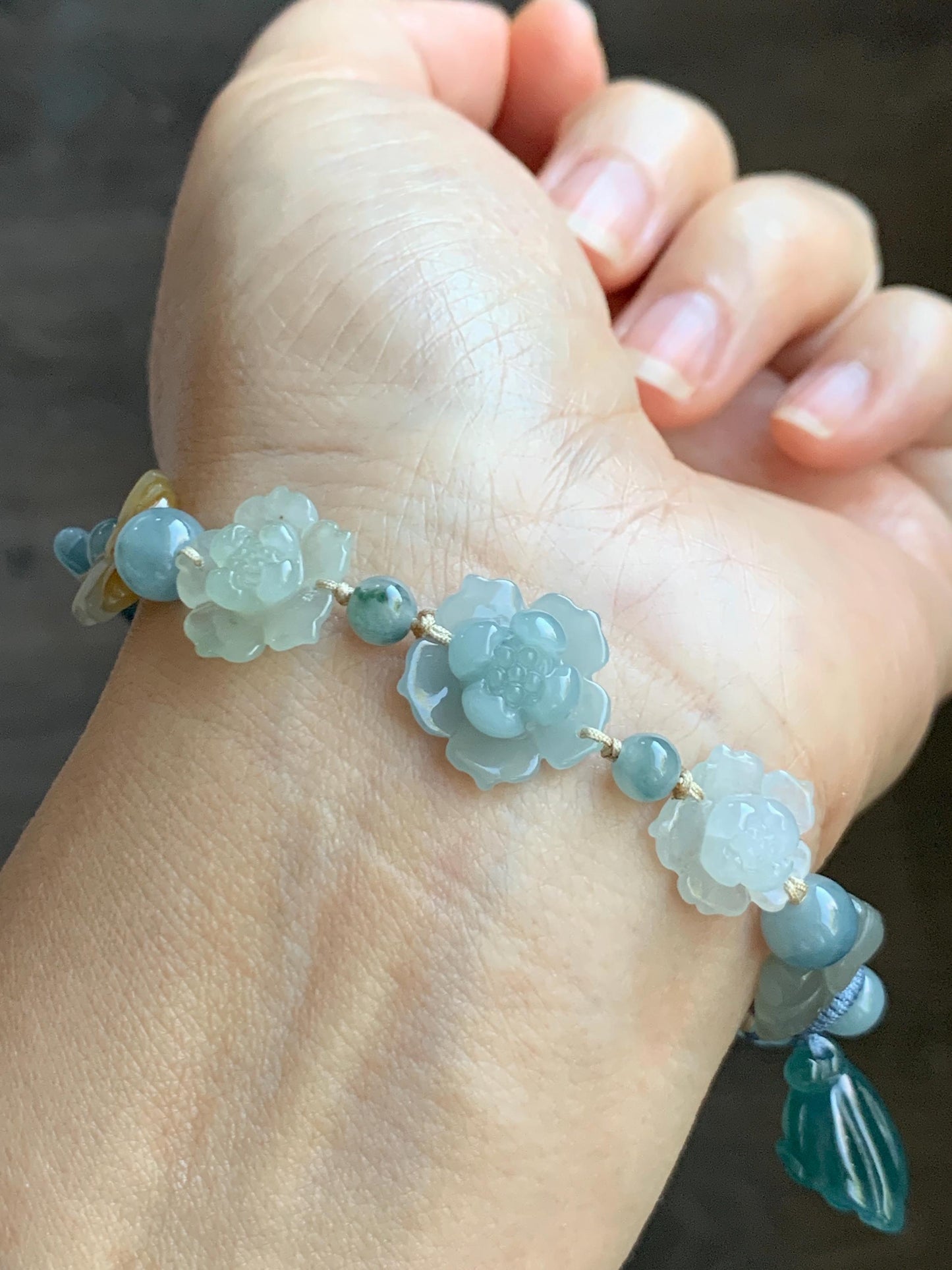 Natural Grade A Guatemalan Icy Teal Blue Jade Jadeite Cuff & Multicolored Lotus Flowers Beaded Rope Bracelet 7.5” 天然冰危翡翠半镯繁花似锦手串 WBZ313
