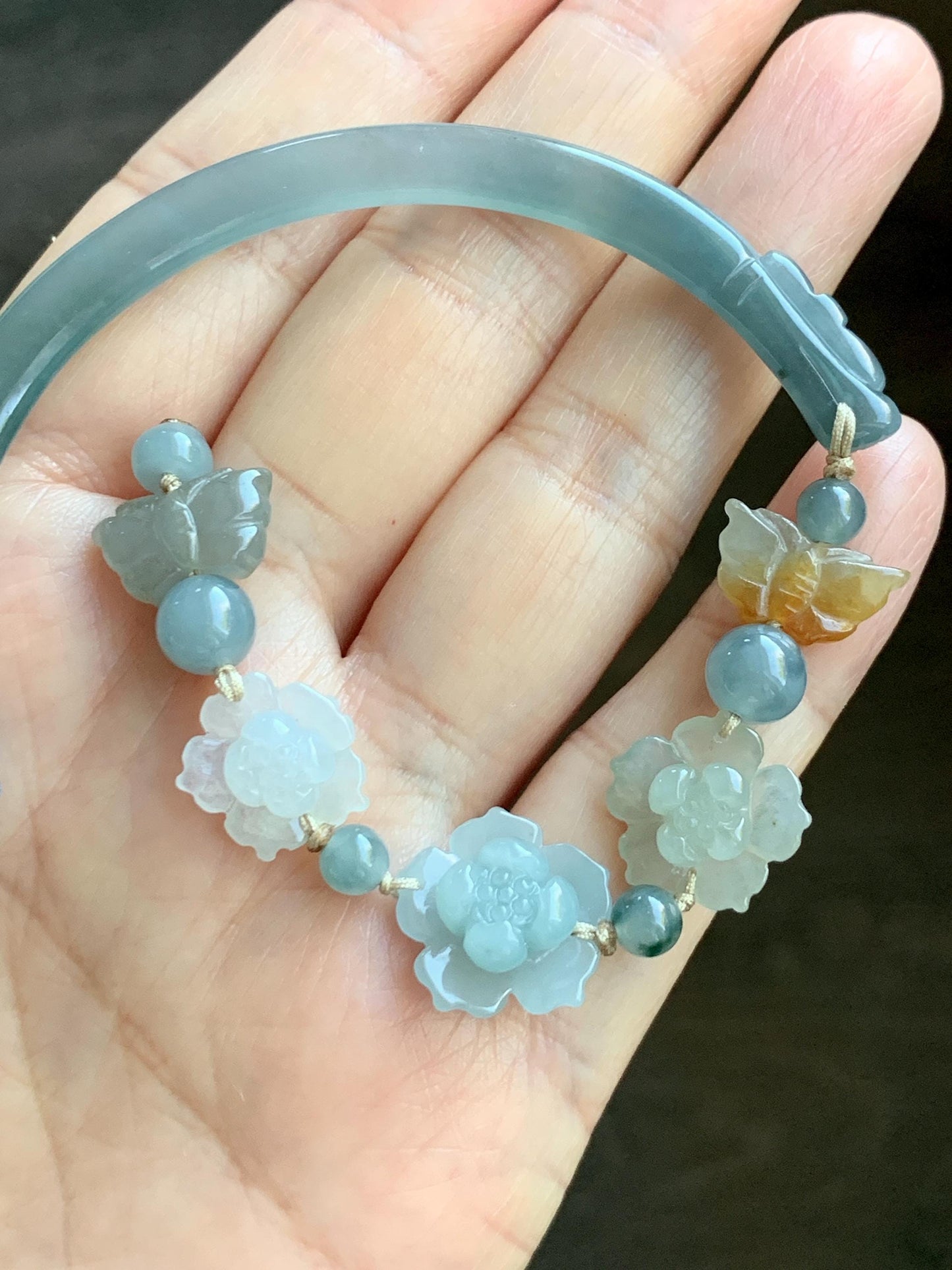 Natural Grade A Guatemalan Icy Teal Blue Jade Jadeite Cuff & Multicolored Lotus Flowers Beaded Rope Bracelet 7.5” 天然冰危翡翠半镯繁花似锦手串 WBZ313