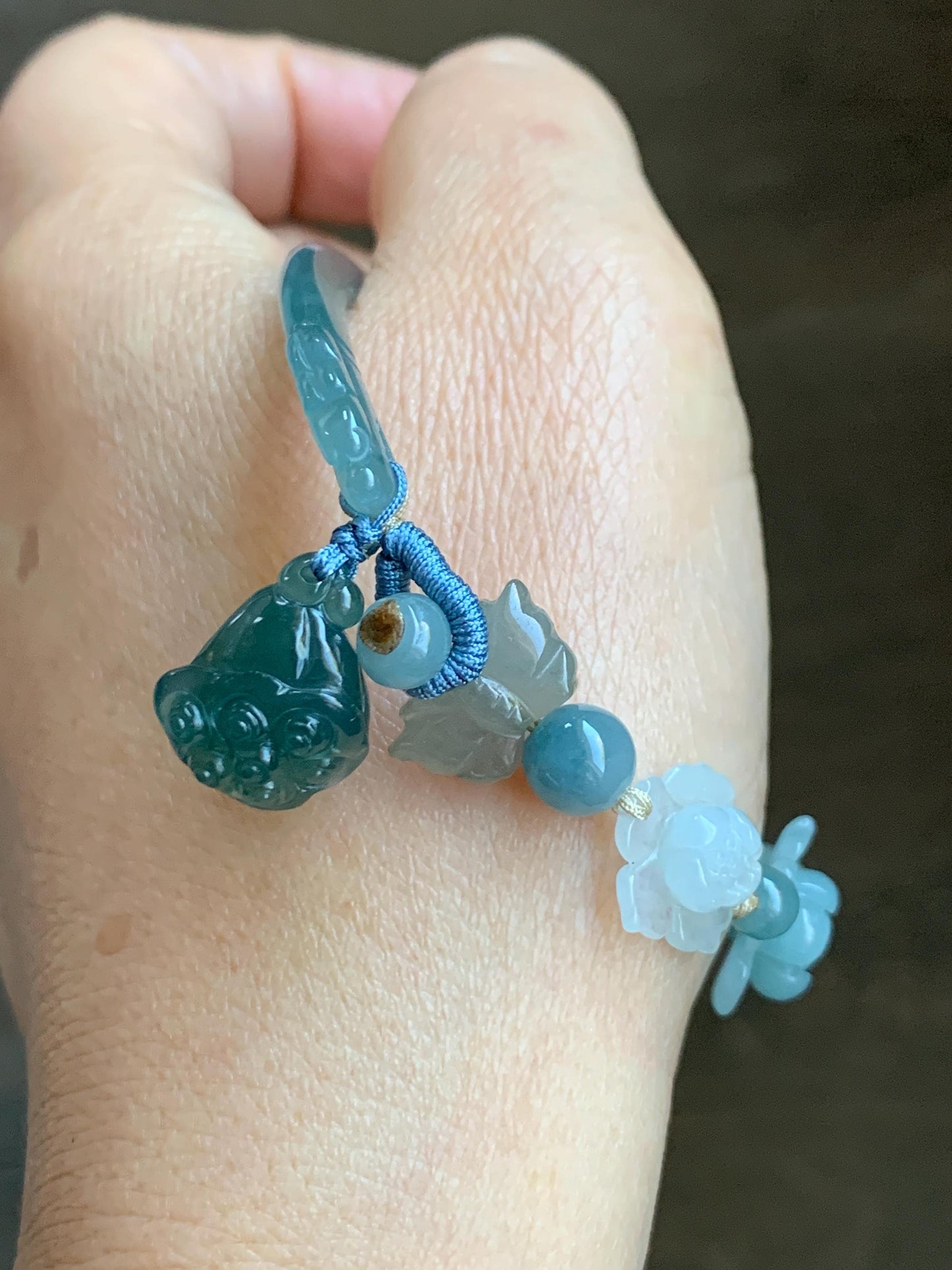 Natural Grade A Guatemalan Icy Teal Blue Jade Jadeite Cuff & Multicolored Lotus Flowers Beaded Rope Bracelet 7.5” 天然冰危翡翠半镯繁花似锦手串 WBZ313