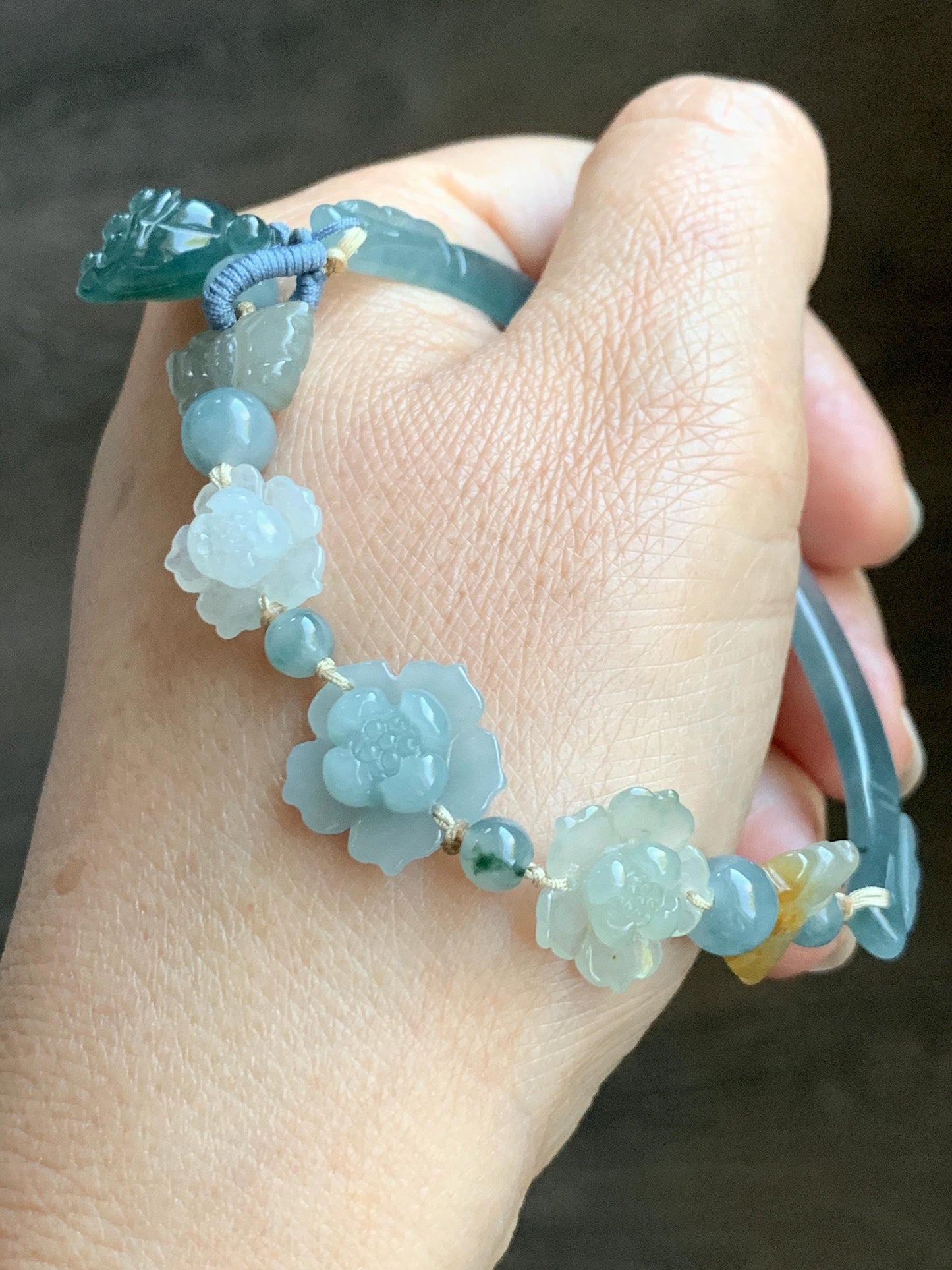 Natural Grade A Guatemalan Icy Teal Blue Jade Jadeite Cuff & Multicolored Lotus Flowers Beaded Rope Bracelet 7.5” 天然冰危翡翠半镯繁花似锦手串 WBZ313