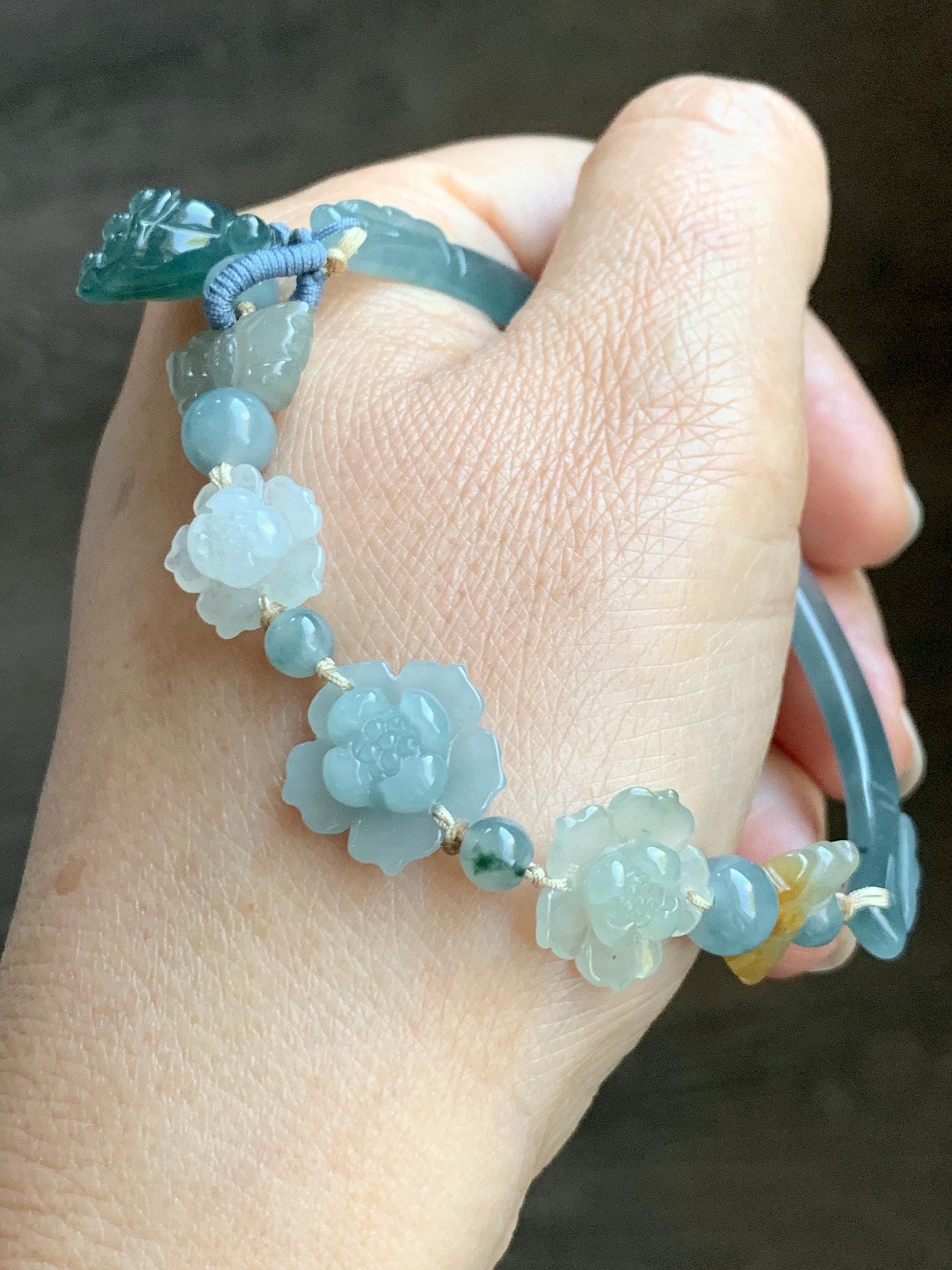 Natural Grade A Guatemalan Icy Teal Blue Jade Jadeite Cuff & Multicolored Lotus Flowers Beaded Rope Bracelet 7.5” 天然冰危翡翠半镯繁花似锦手串 WBZ313