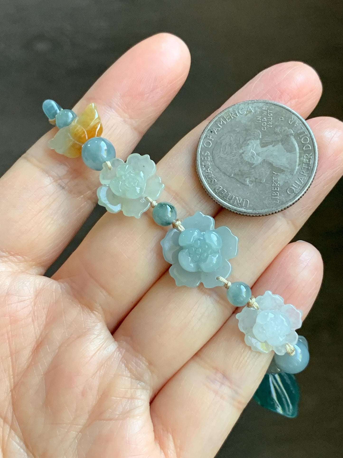Natural Grade A Guatemalan Icy Teal Blue Jade Jadeite Cuff & Multicolored Lotus Flowers Beaded Rope Bracelet 7.5” 天然冰危翡翠半镯繁花似锦手串 WBZ313