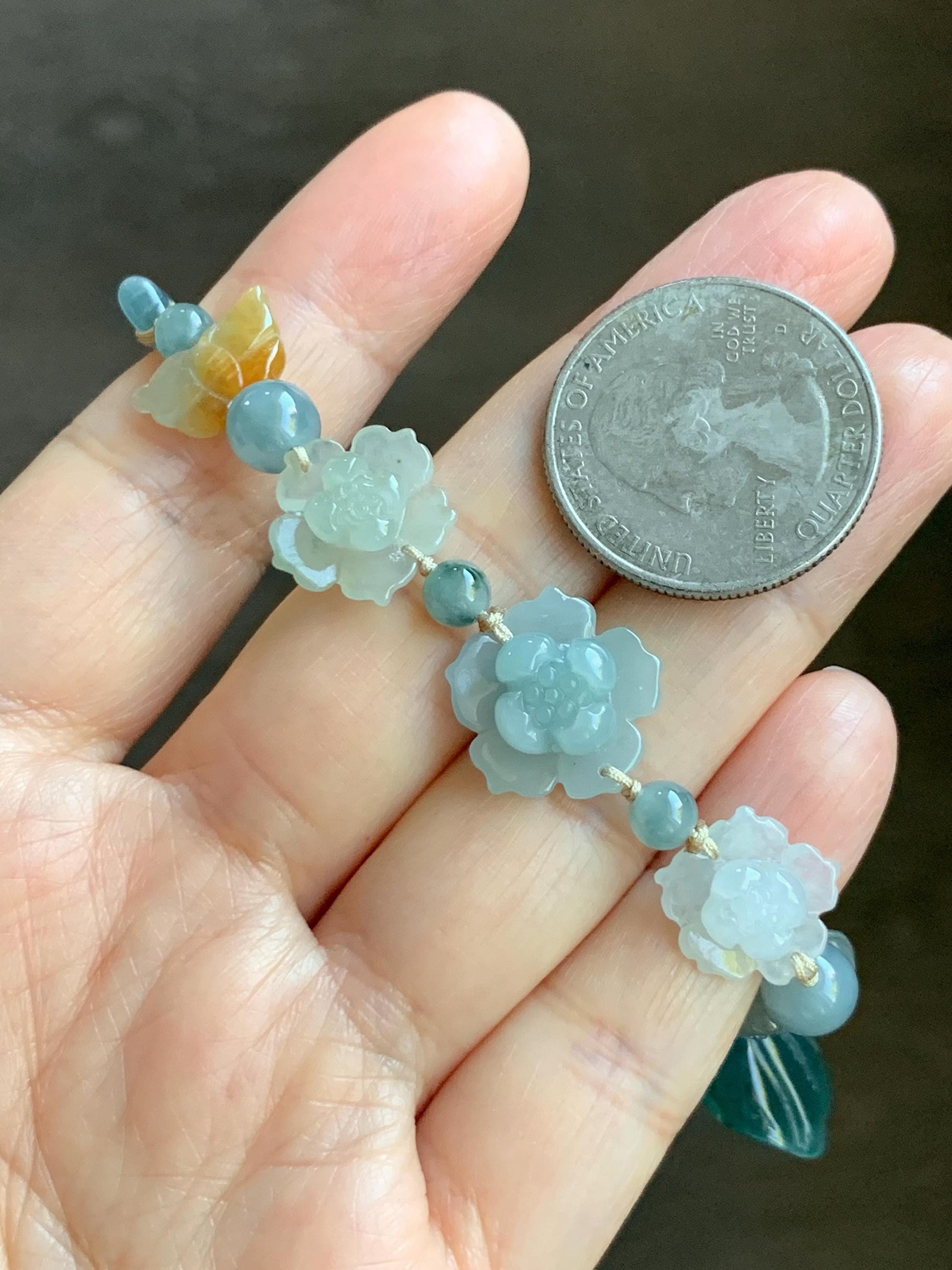 Natural Grade A Guatemalan Icy Teal Blue Jade Jadeite Cuff & Multicolored Lotus Flowers Beaded Rope Bracelet 7.5” 天然冰危翡翠半镯繁花似锦手串 WBZ313