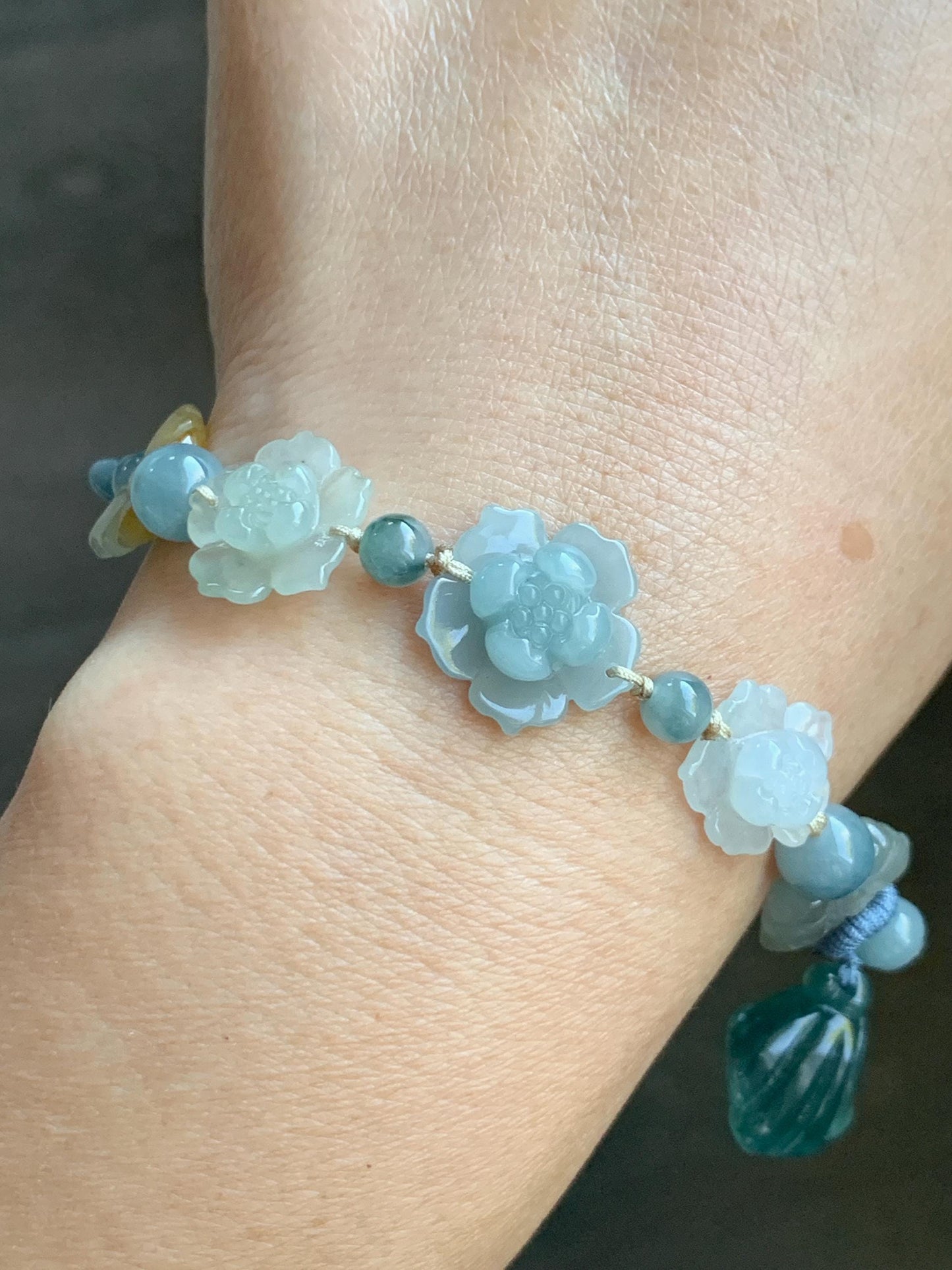 Natural Grade A Guatemalan Icy Teal Blue Jade Jadeite Cuff & Multicolored Lotus Flowers Beaded Rope Bracelet 7.5” 天然冰危翡翠半镯繁花似锦手串 WBZ313