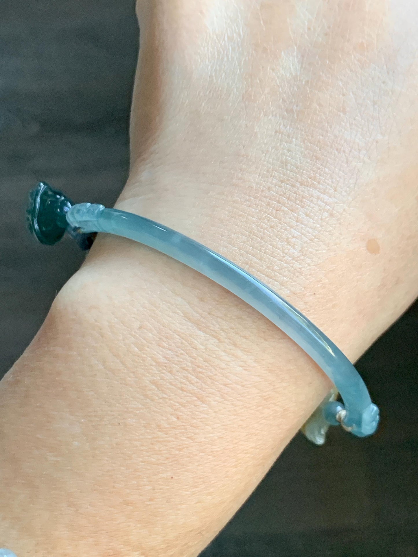 Natural Grade A Guatemalan Icy Teal Blue Jade Jadeite Cuff & Multicolored Lotus Flowers Beaded Rope Bracelet 7.5” 天然冰危翡翠半镯繁花似锦手串 WBZ313