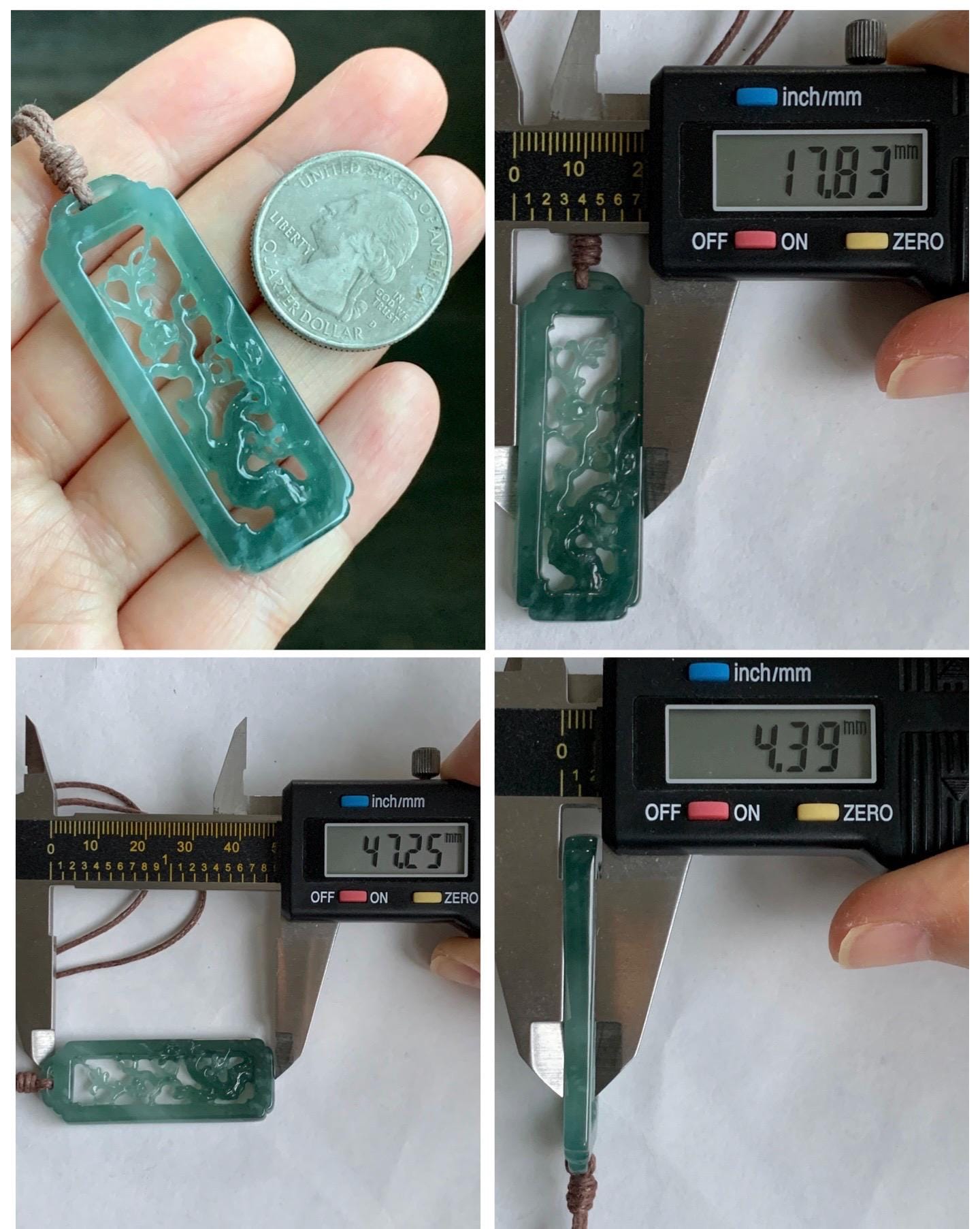Natural Grade A Guatemalan Icy Translucent Dusty Teal Green Jade Jadeite Cherry Blossom Pendant Rope Necklace 25” 天然冰危蓝绿翡翠梅花枝双面雕吊坠 WMH440A
