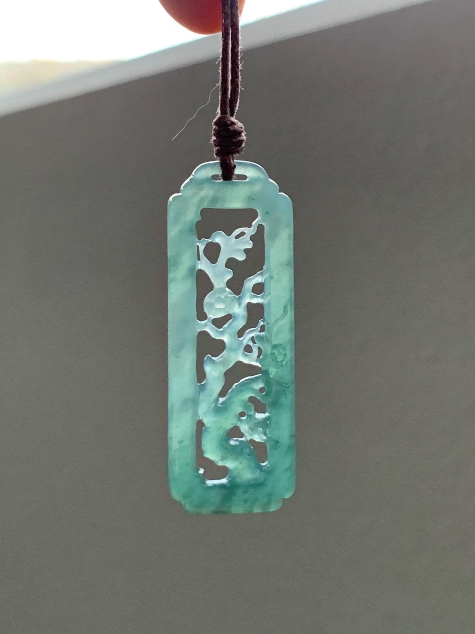 Natural Grade A Guatemalan Icy Translucent Dusty Teal Green Jade Jadeite Cherry Blossom Pendant Rope Necklace 25” 天然冰危蓝绿翡翠梅花枝双面雕吊坠 WMH440A