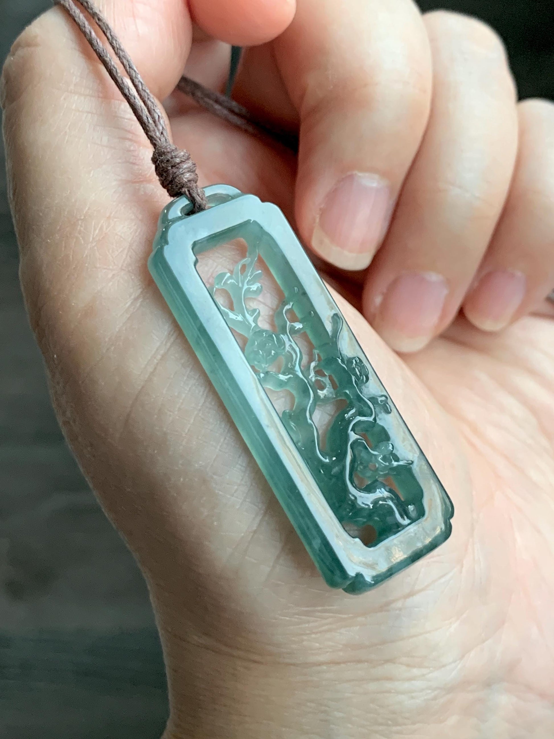 Natural Grade A Guatemalan Icy Translucent Dusty Teal Green Jade Jadeite Cherry Blossom Pendant Rope Necklace 25” 天然冰危蓝绿翡翠梅花枝双面雕吊坠 WMH440A