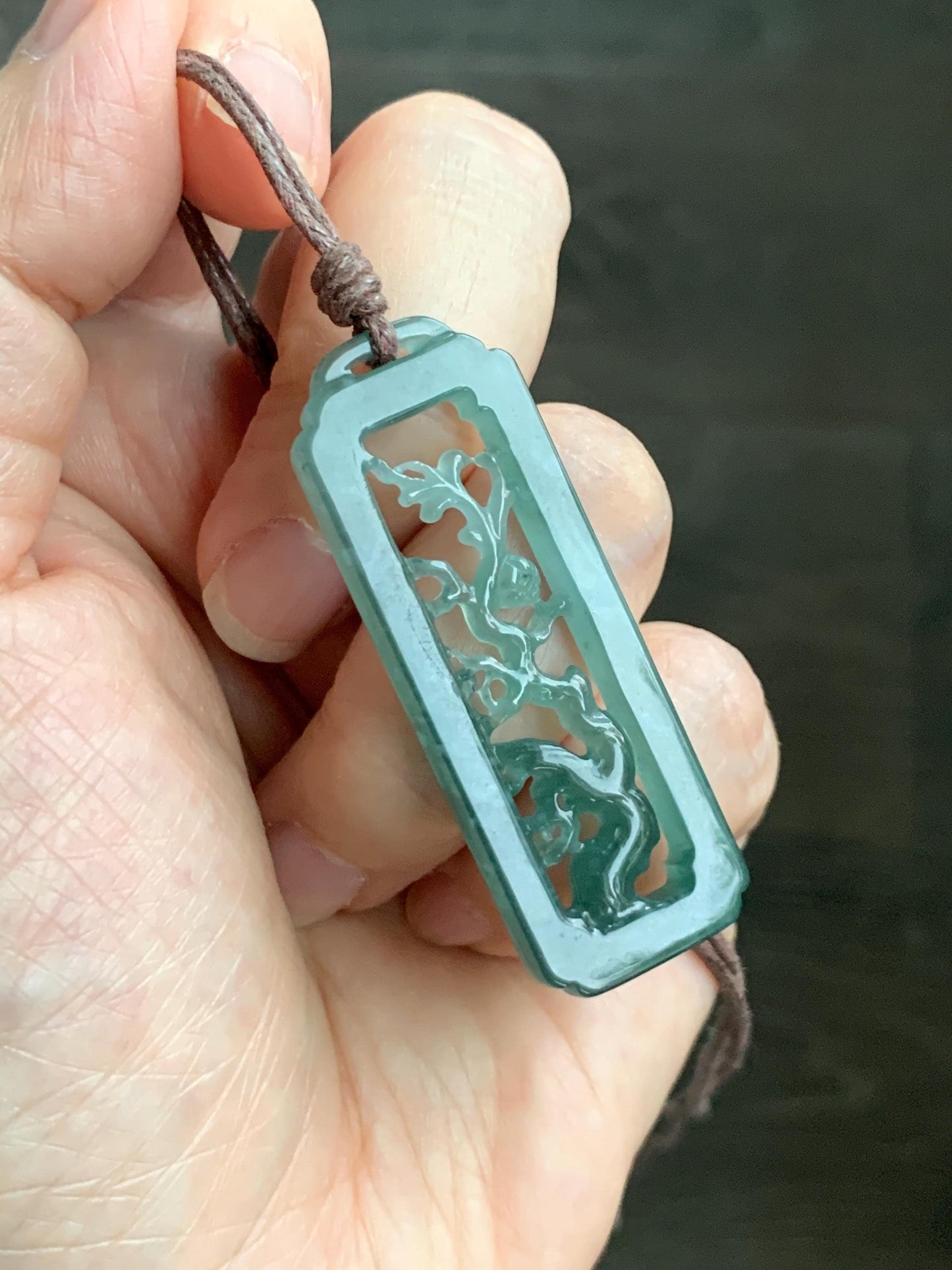 Natural Grade A Guatemalan Icy Translucent Dusty Teal Green Jade Jadeite Cherry Blossom Pendant Rope Necklace 25” 天然冰危蓝绿翡翠梅花枝双面雕吊坠 WMH440A