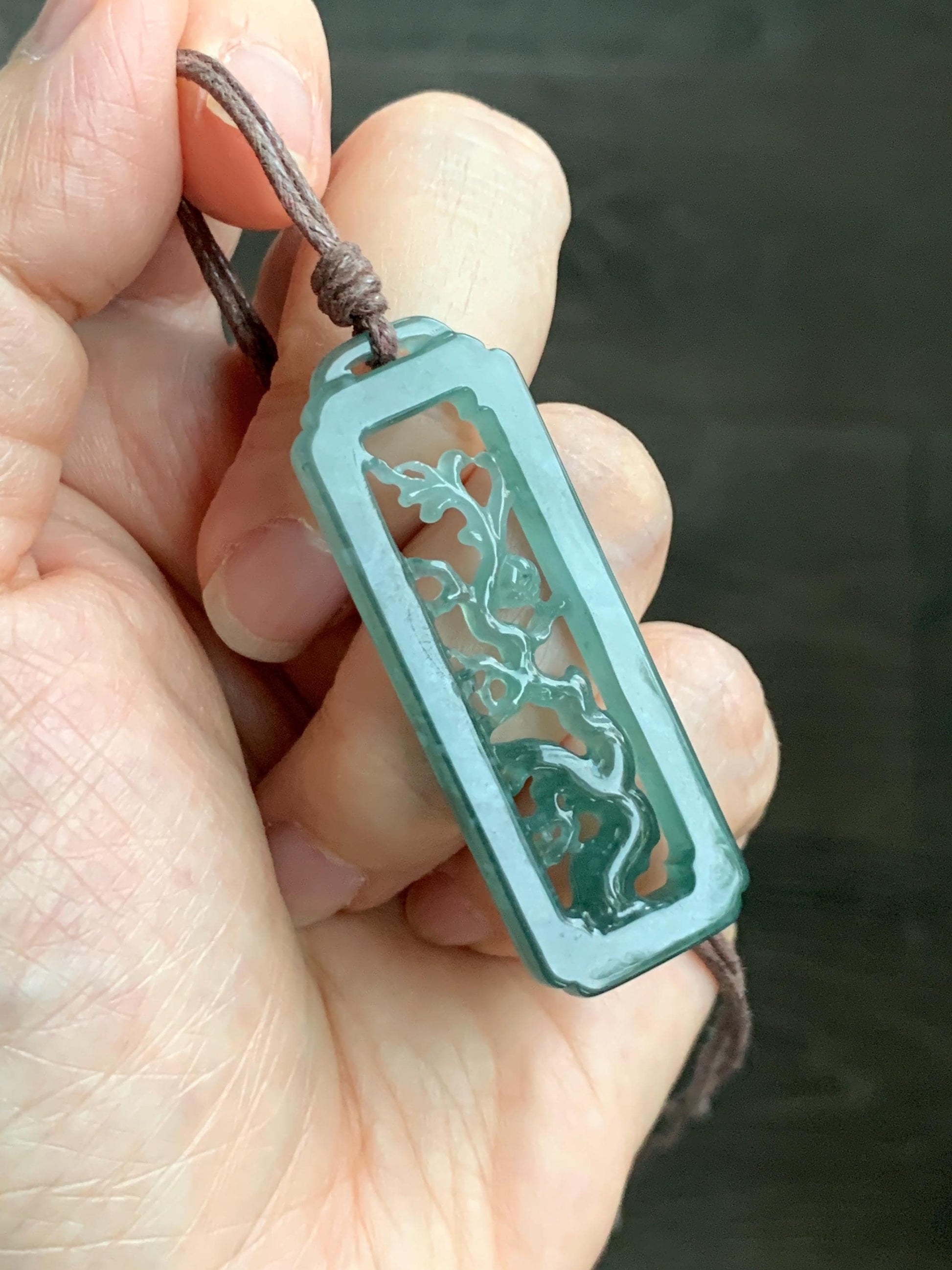 Natural Grade A Guatemalan Icy Translucent Dusty Teal Green Jade Jadeite Cherry Blossom Pendant Rope Necklace 25” 天然冰危蓝绿翡翠梅花枝双面雕吊坠 WMH440A