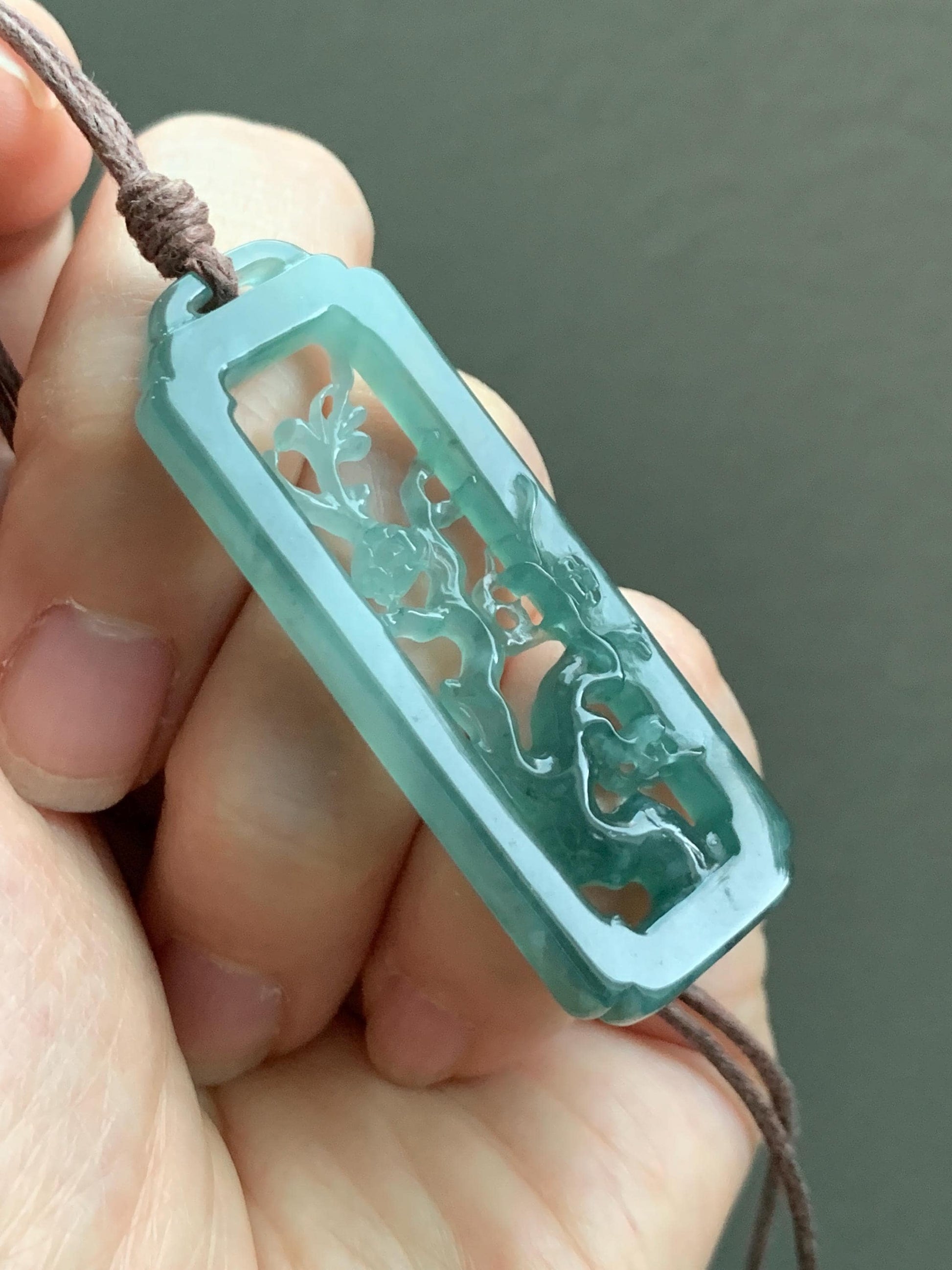 Natural Grade A Guatemalan Icy Translucent Dusty Teal Green Jade Jadeite Cherry Blossom Pendant Rope Necklace 25” 天然冰危蓝绿翡翠梅花枝双面雕吊坠 WMH440A
