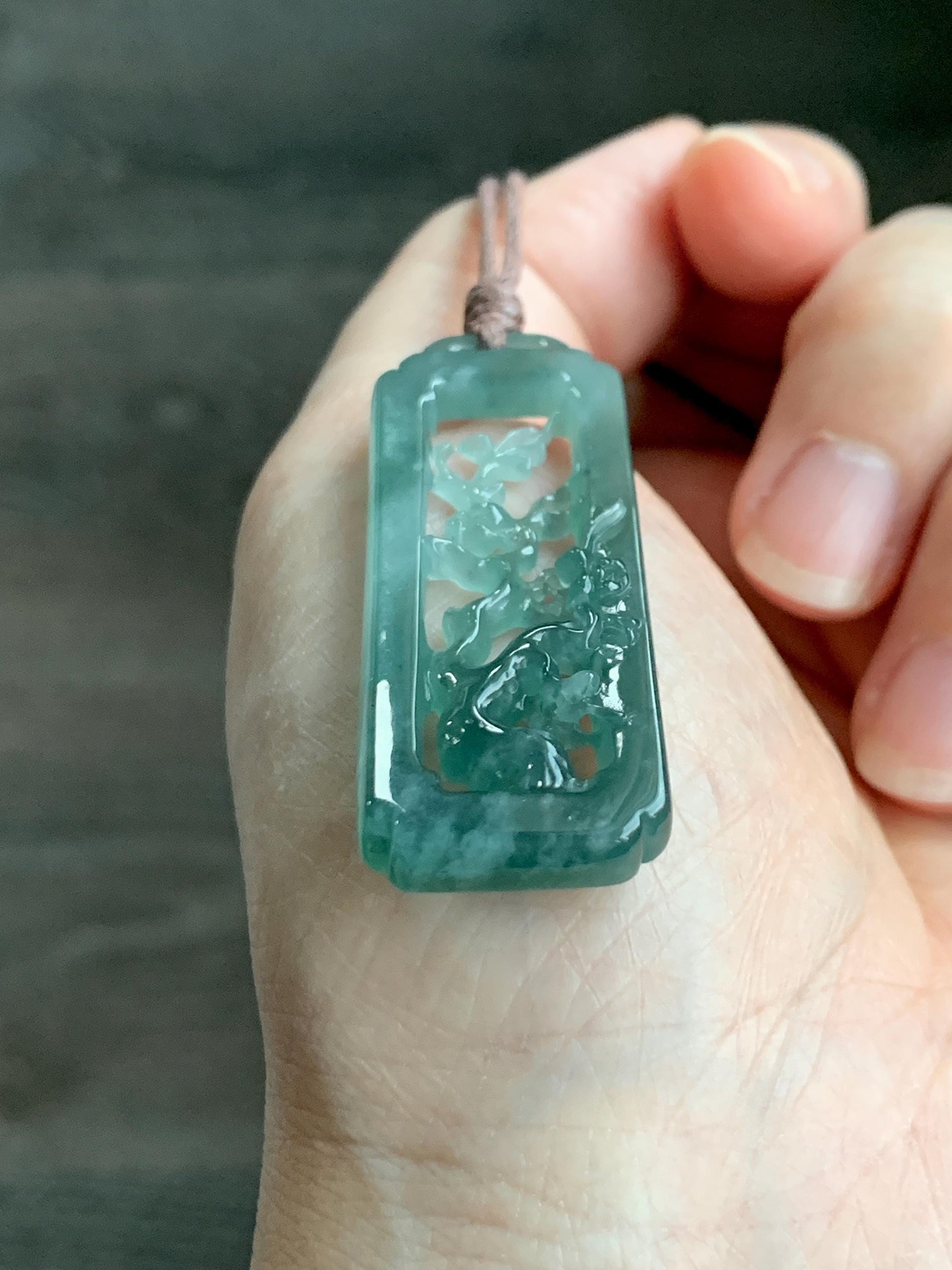 Natural Grade A Guatemalan Icy Translucent Dusty Teal Green Jade Jadeite Cherry Blossom Pendant Rope Necklace 25” 天然冰危蓝绿翡翠梅花枝双面雕吊坠 WMH440A